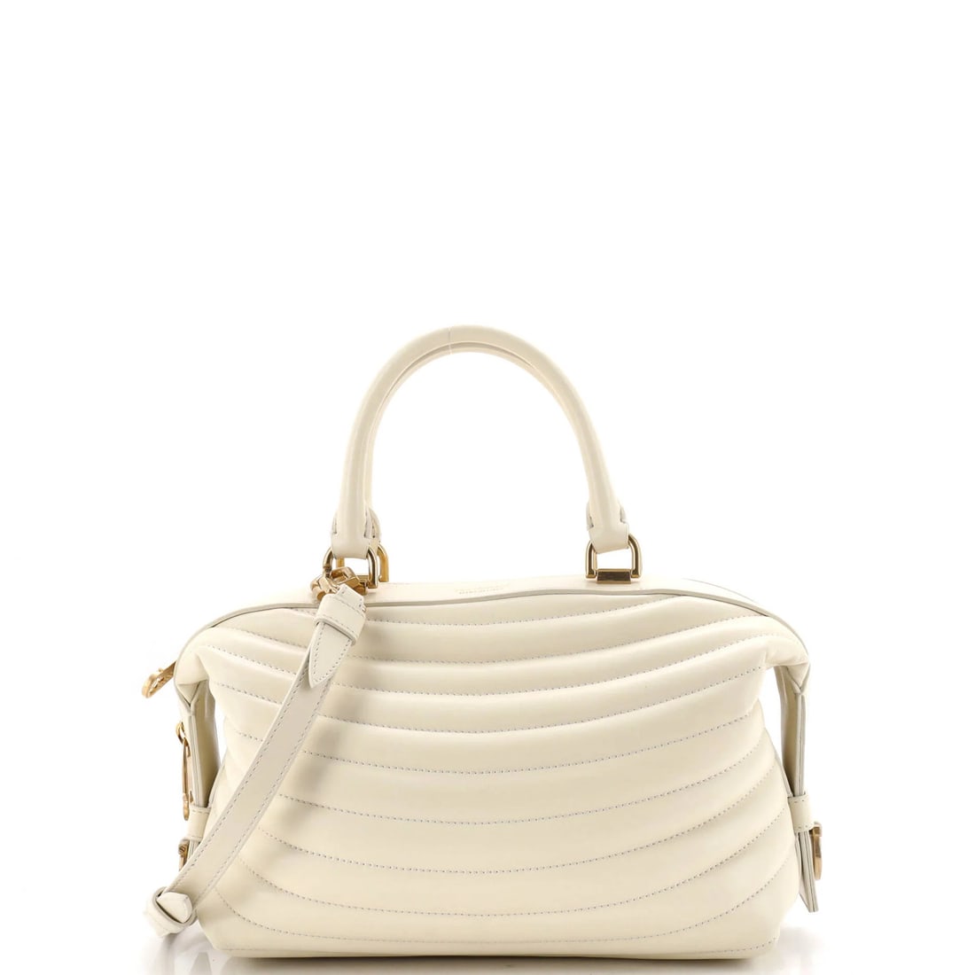 Salvatore Ferragamo Convertible Top Handle Quilted Leather Bowling Bag: Salvatore Ferragamo Convertible Top Handle Quilted Leather Bowling Bag The Salvatore Ferragamo Convertible Top Handle Quilted Leather Bowling Bag boasts a neutral exterior with subtle creases and