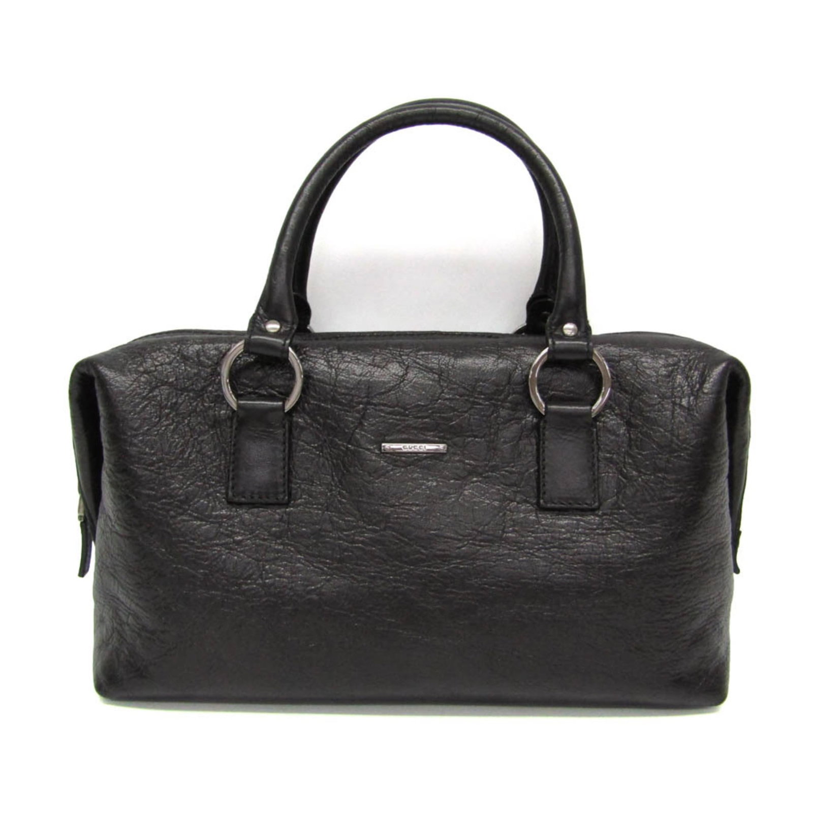 Gucci Handbag Leather: Gucci Handbag Leather Black Gucci Mini Boston bag with zipper closure and inner pocket, made from high-quality leather. The bag features a sleek design with a 36cm handle drop and weighs