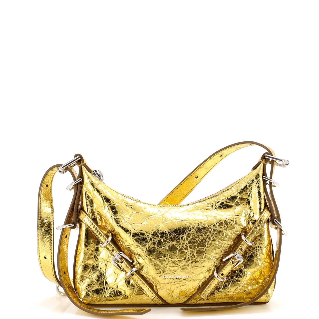 Givenchy metallic leather shoulder bag for mini: Givenchy metallic leather shoulder bag for mini Gold metallic leather shoulder bag with a classic mini design, featuring heavy corner wear and scuffs on the exterior. The interior boasts a brown and