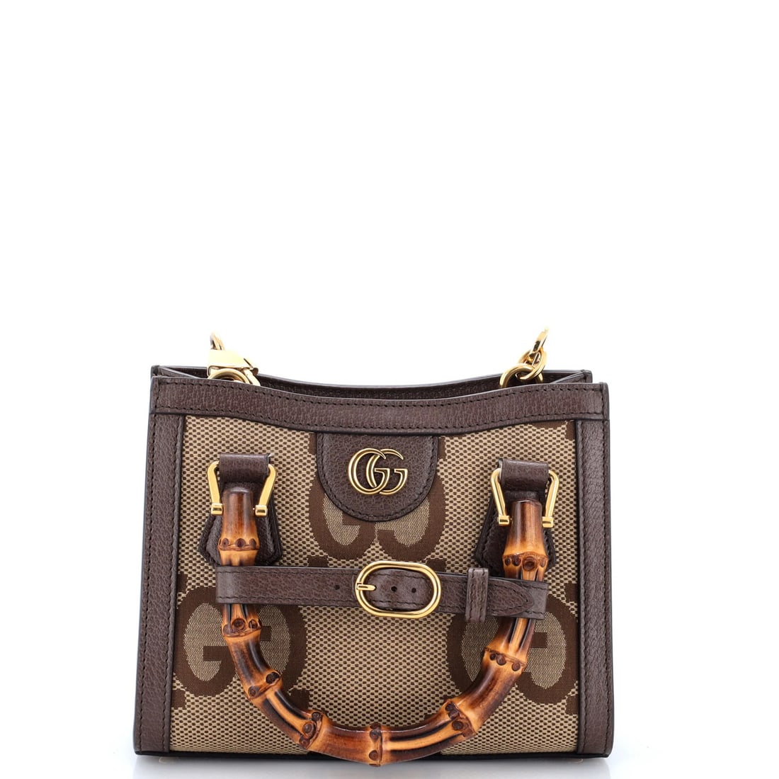 Diana Jumbo Bamboo Handle Mini Tote Canvas GG Gucci: Diana Jumbo Bamboo Handle Mini Tote Canvas GG Gucci Brown canvas mini tote with jumbo bamboo handle and GG logo, featuring leather interior and gold hardware. Minor scuffs and creases on exterior,