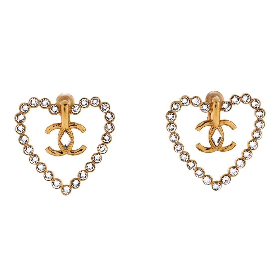 Chanel CC Heart Cut Out Stud Earrings Metal with Crystals Large: Chanel CC Heart Cut Out Stud Earrings Metal with Crystals Large Gold stud earrings with crystal accents, featuring the iconic CC Heart Cut Out design from Chanel. The large earring backs have light be