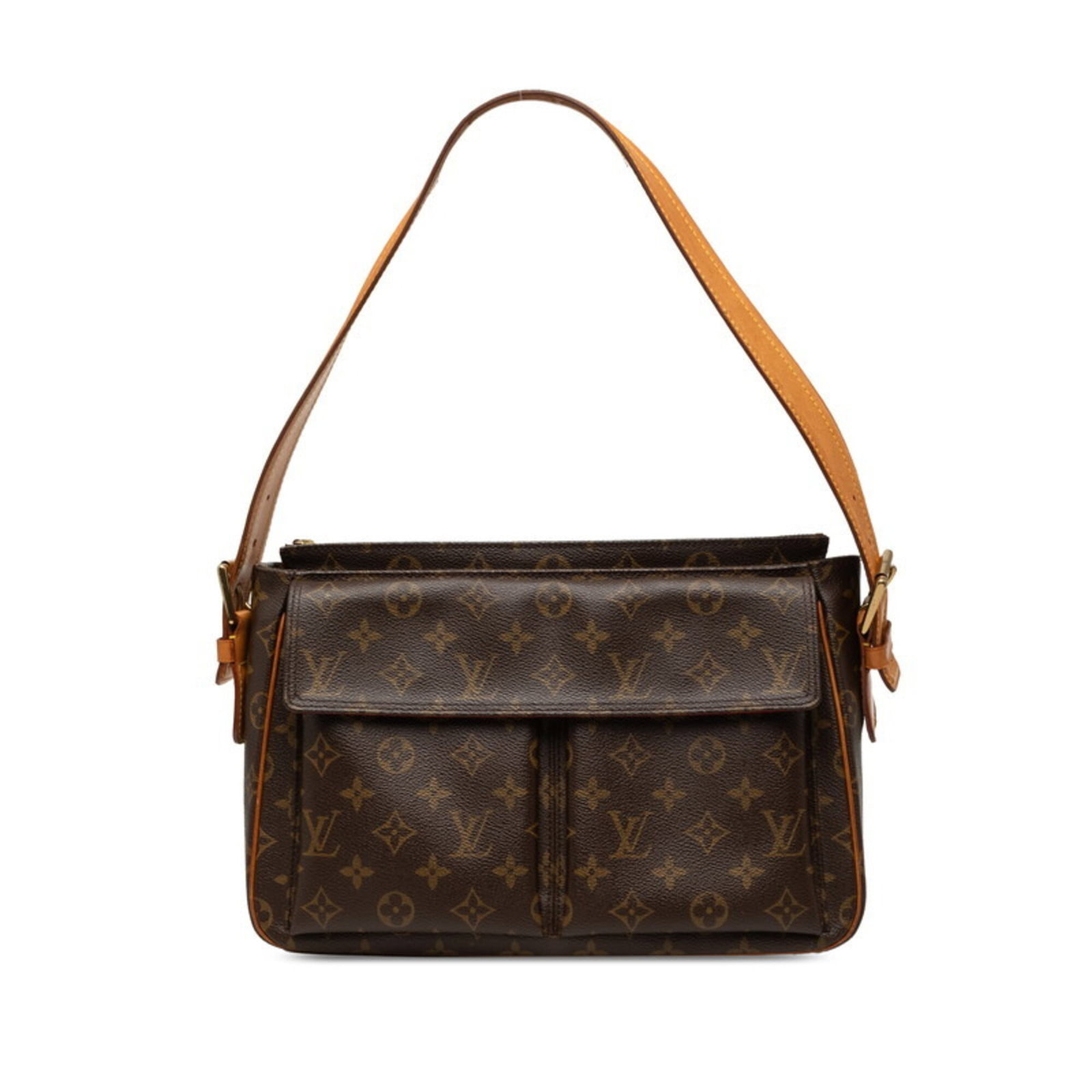 Louis Vuitton PVC Leather Bag Shoulder: Louis Vuitton PVC Leather Bag Shoulder This Louis Vuitton PVC Leather Bag Shoulder boasts a striking brown color and sleek design, featuring a sturdy zipper closure. The bag's compact size and