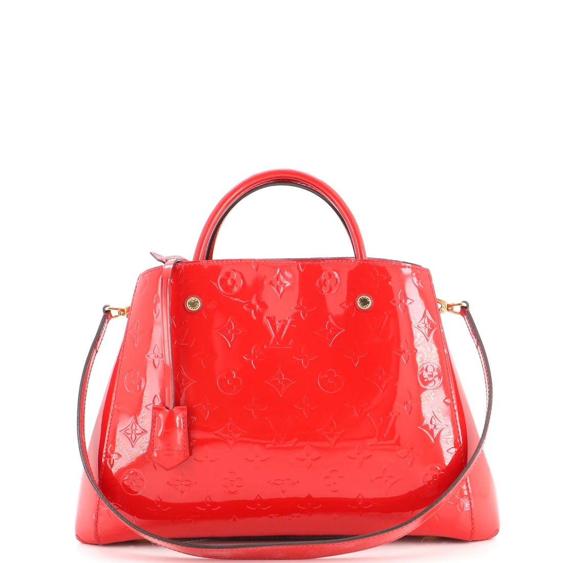 Vernis Monogram MM Louis Vuitton Handbag Montaigne: Vernis Monogram MM Louis Vuitton Handbag Montaigne The Louis Vuitton Montaigne Vernis Monogram MM handbag boasts a striking red patent leather exterior, adorned with the iconic monogram pattern. This 