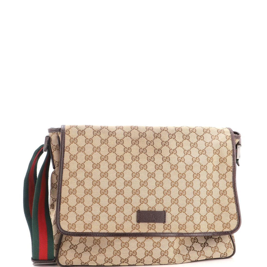 Strap messenger flap medium canvas web Gucci: Strap messenger flap medium canvas web Gucci Strap messenger flap medium canvas web Gucci features a classic brown canvas exterior with heavy cracking on the opening edge and throughout, giving it a w