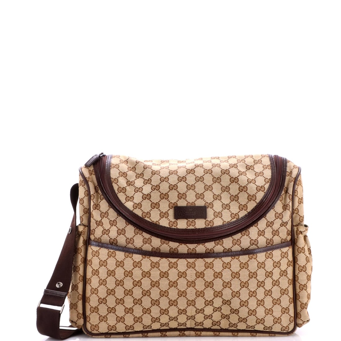 Gucci Crossbody Bag Canvas Diaper: Gucci Crossbody Bag Canvas Diaper The Gucci Crossbody Bag Canvas Diaper boasts a timeless design with a rich brown canvas exterior, complemented by a vibrant green nylon interior. This cross-body bag 