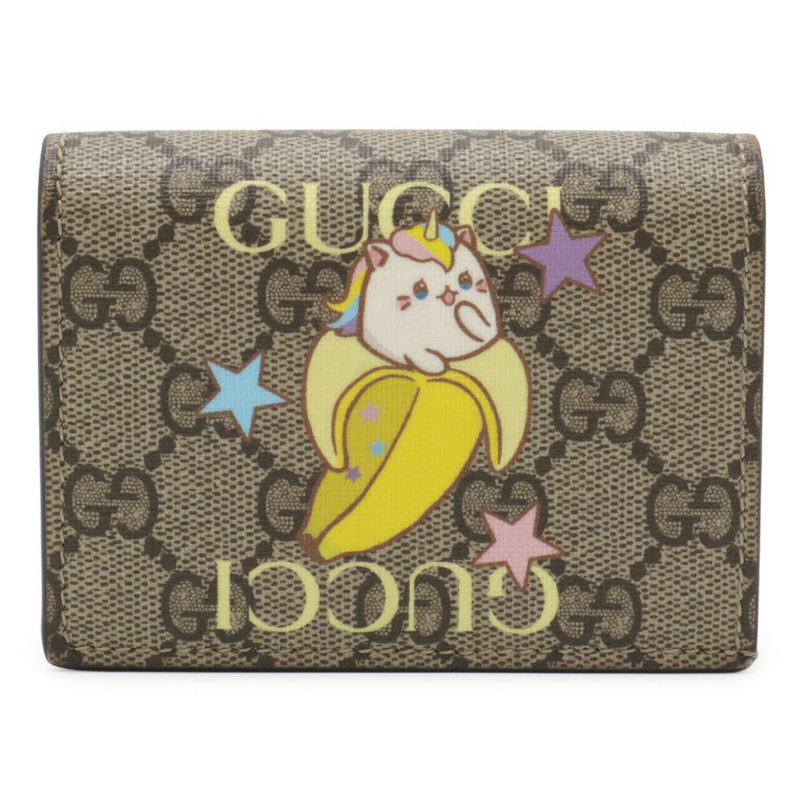 Supreme leather bi fold wallet gg gucci: Supreme leather bi fold wallet gg gucci GG Supreme leather bi-fold wallet in beige and multi-color with yellow accents, measuring 8.5cm x 11cm / 3.34'' x 4.33''. This Gucci wallet features