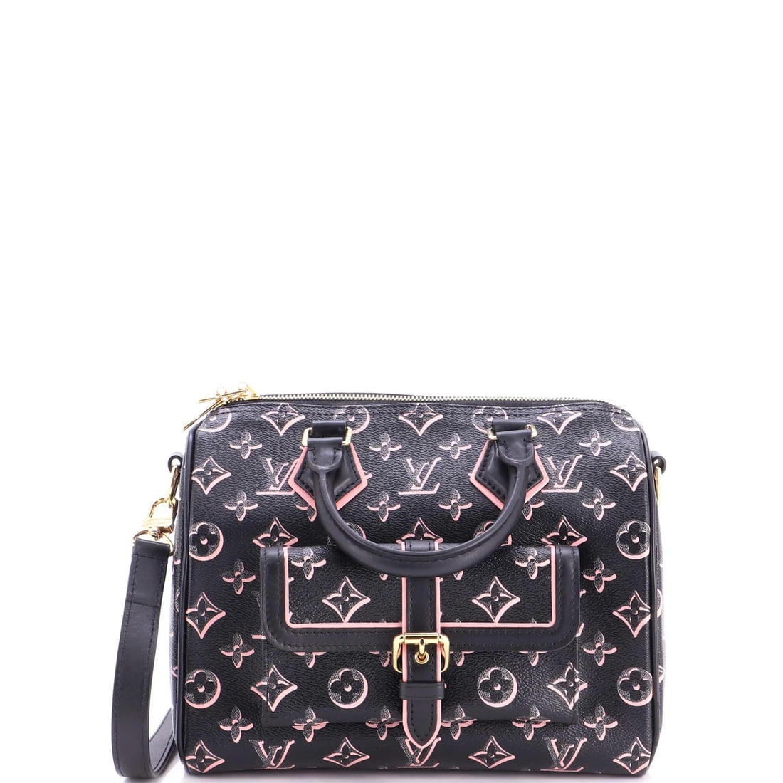 Speedy Fall for Bandouliere Monogram Canvas 25 Louis Vuitton: Speedy Fall for Bandouliere Monogram Canvas 25 Louis Vuitton Speedy Fall for Bandouliere Monogram Canvas 25 Louis Vuitton features a sleek black exterior with minor scuffs and creases, showcasing the