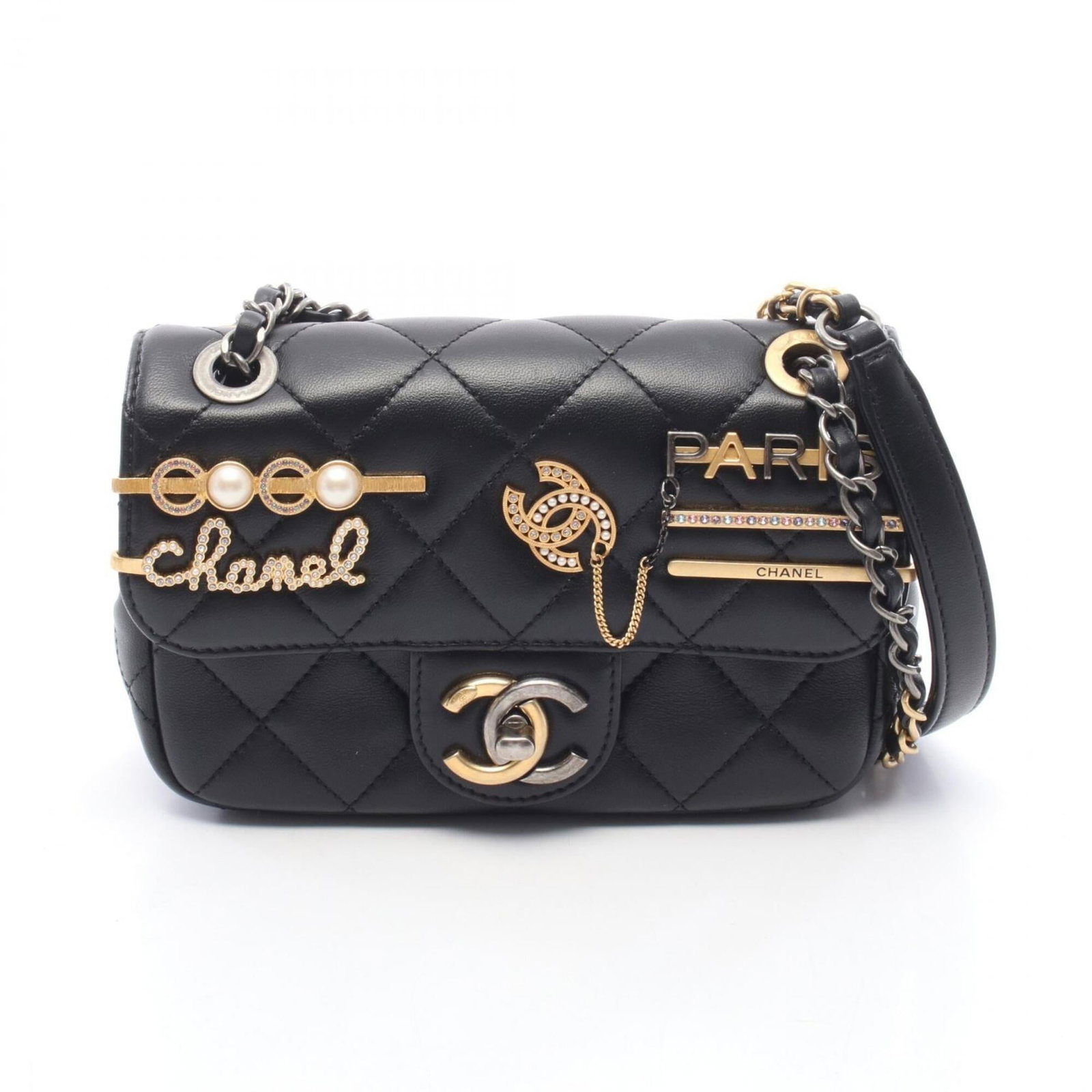 Chanel Handbag Shoulder Bag Leather: Chanel Handbag Shoulder Bag Leather Black lambskin leather Chanel shoulder bag with classic design, measuring 11cm x 17cm x 5cm. This stylish handbag features high-quality materials and a timeless
