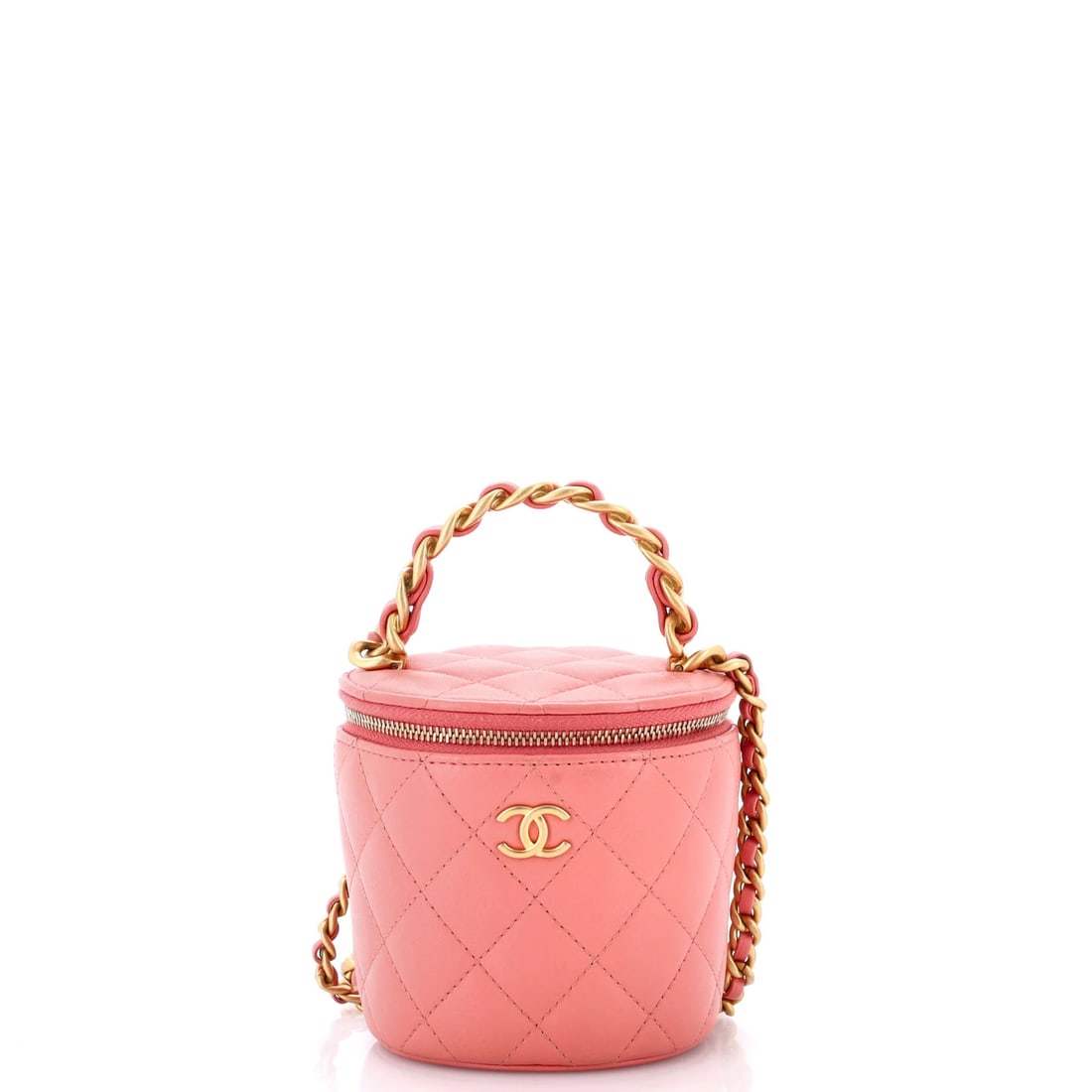 Vanity Bag Afternoon Quilted Lambskin Mini Chanel Bucket: Vanity Bag Afternoon Quilted Lambskin Mini Chanel Bucket Pink quilted lambskin exterior, minor creases and scuffs on the leather surface, adds a touch of elegance to this mini Chanel bucket bag. The a