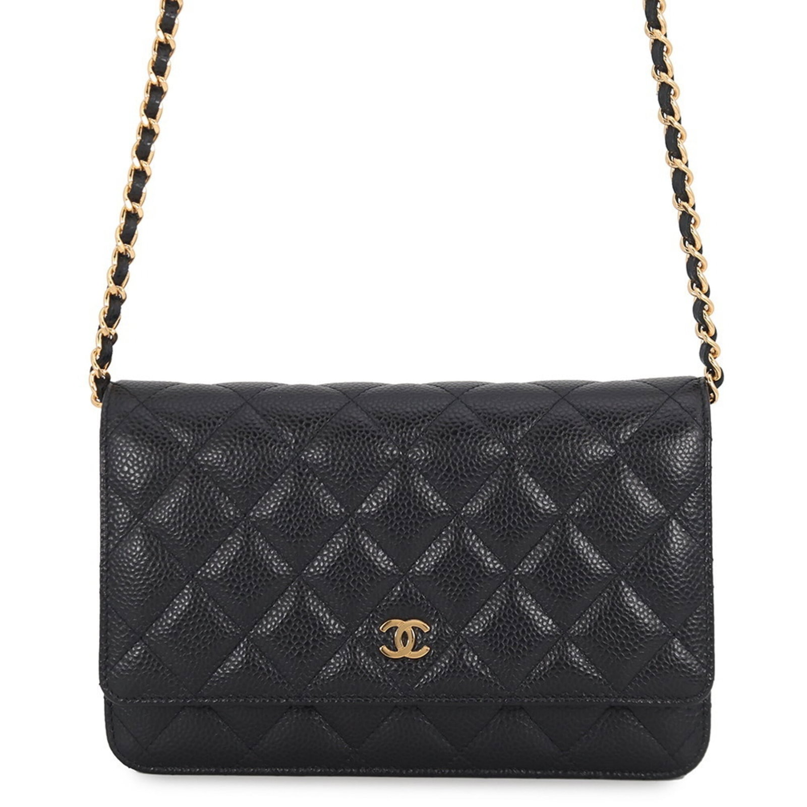 Chanel Chain/ Shoulder Wallet Grained Calfskin: Chanel Chain/ Shoulder Wallet Grained Calfskin Chain/Shoulder wallet with Grained Calfskin in black, measuring 12.5cm x 19.5cm x 4cm and weighing 410g, features a strap/chains length of 1.27m. Made fr