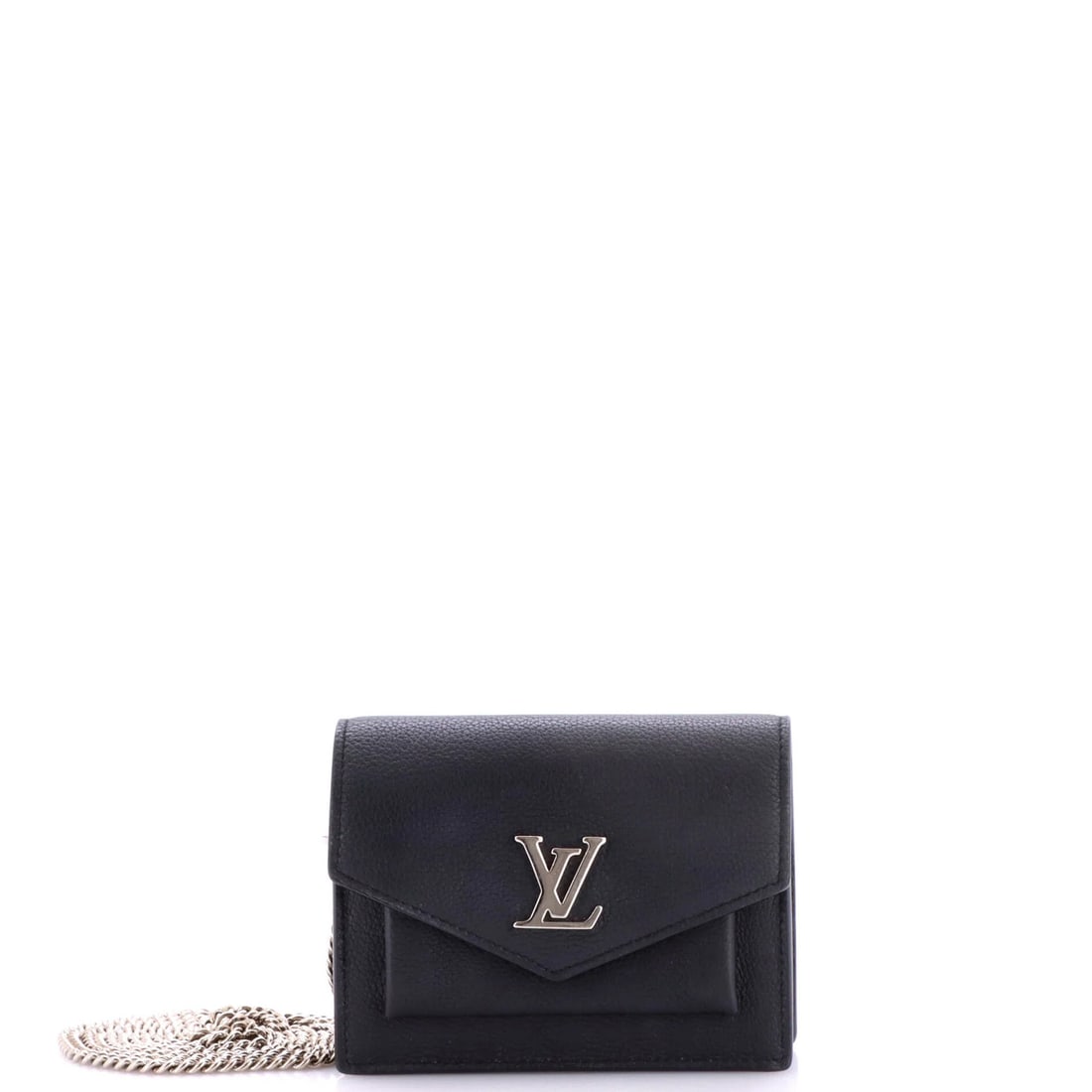 Mylockme Leather Pochette Vuitton Louis Mini Chain: Mylockme Leather Pochette Vuitton Louis Mini Chain Black leather Louis Vuitton mini pochette with Mylockme chain strap, featuring minor corner wear and scuffs on the exterior, and slight discoloration