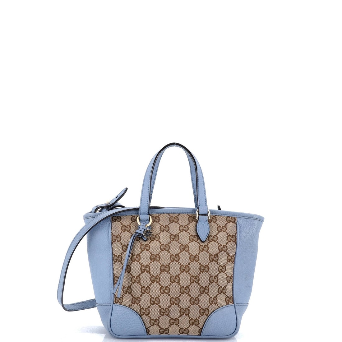 GG Canvas Leather Small Gucci Tote Convertible: GG Canvas Leather Small Gucci Tote Convertible Blue GG Canvas Leather Small Gucci Convertible Tote with Gold Hardware, featuring a cross-body design and convertible style. The exterior shows signs of 