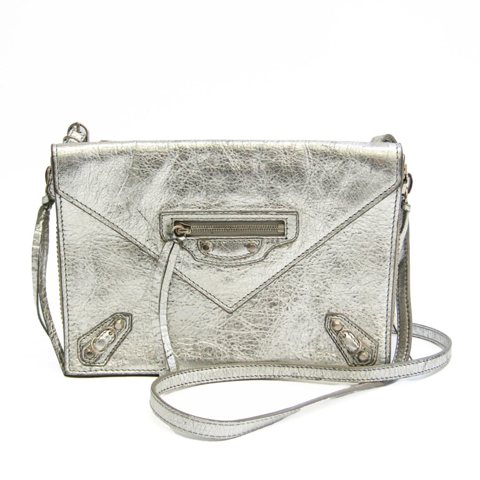 Shoulder Bag Leather Balenciaga: Shoulder Bag Leather Balenciaga Silver Leather Balenciaga Paper Triple Shoulder Bag, Italy-made with a sleek design and precise dimensions (15cm x 21cm x 3cm). This stylish bag features high-quality