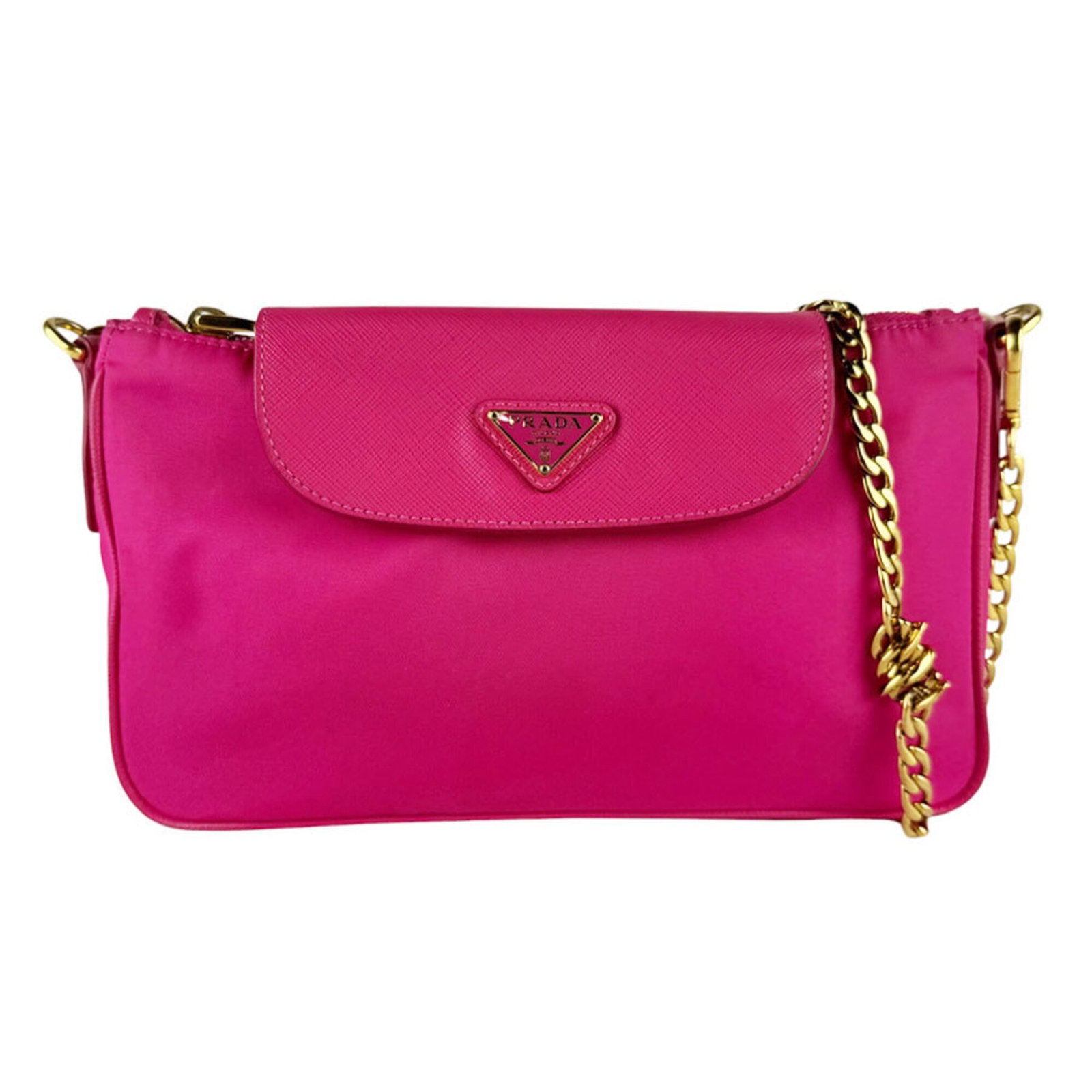 Shoulder Bag Nylon Leather by Prada: Shoulder Bag Nylon Leather by Prada Prada's Shoulder Bag boasts a striking combination of nylon and leather materials, with a vibrant pink hue. Measuring 14cm x 25cm x 4cm, the bag's compact size