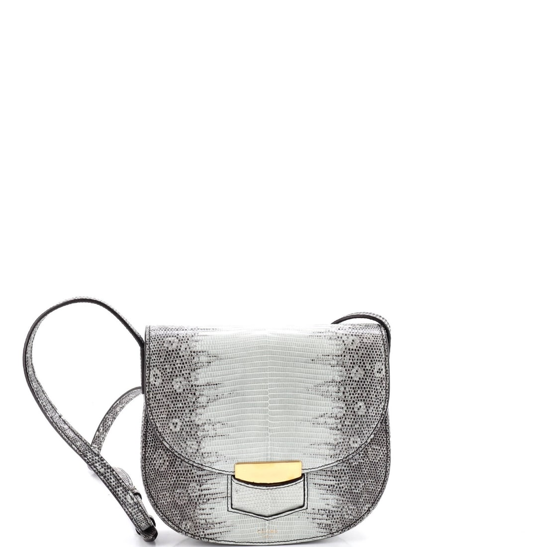 Crossbody bag lizard small Celine Trotteur: Crossbody bag lizard small Celine Trotteur The Celine Trotteur Crossbody Bag in exotic lizard skin boasts a striking blue hue, adding an air of sophistication to any outfit. Measuring 6.5" tall and 7"