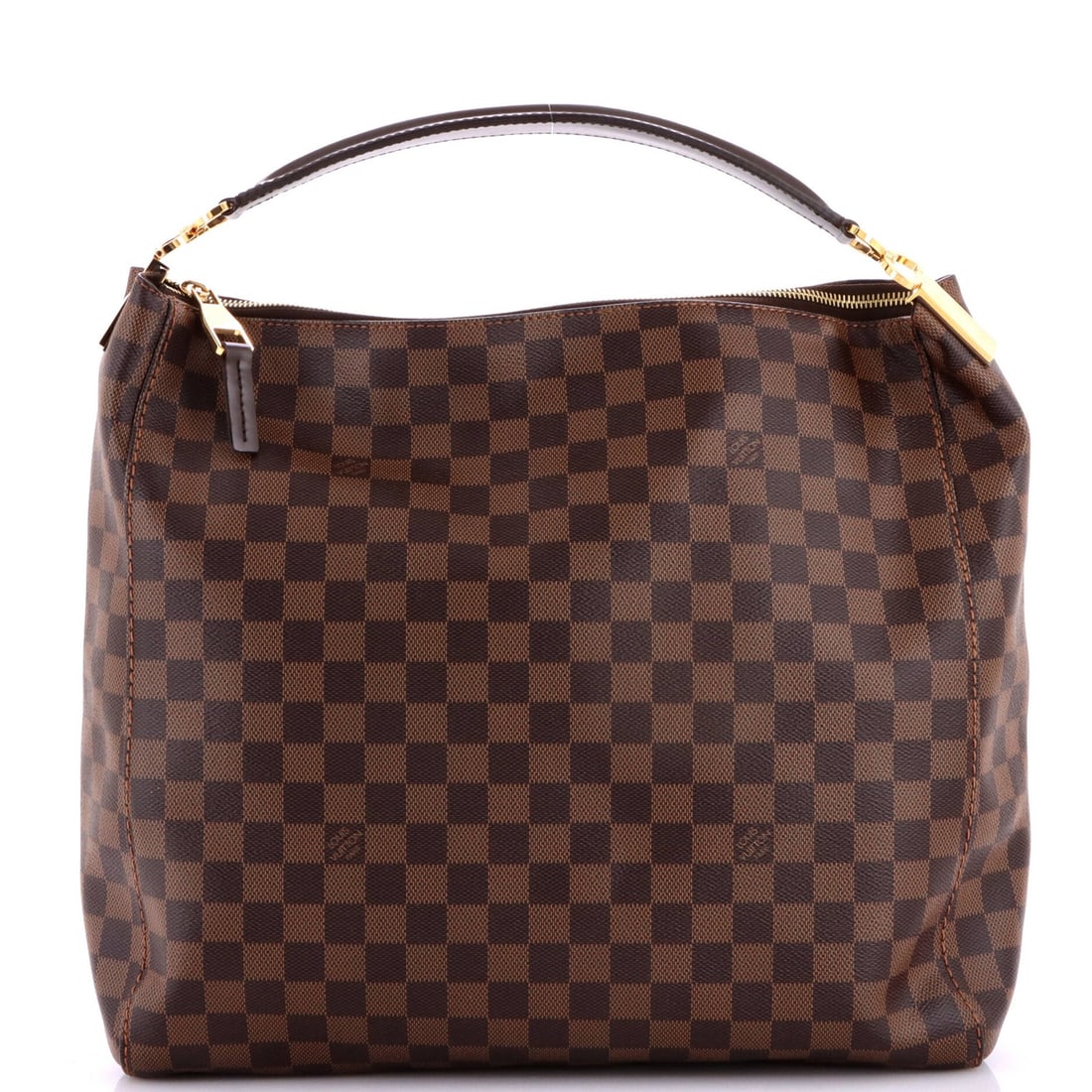 Handbag Damier Louis Vuitton Portobello: Handbag Damier Louis Vuitton Portobello Brown Damier GM canvas coated Louis Vuitton Portobello handbag with minor creases, scuffs on handles and straps, and scratches on hardware. Measures 14" tall,