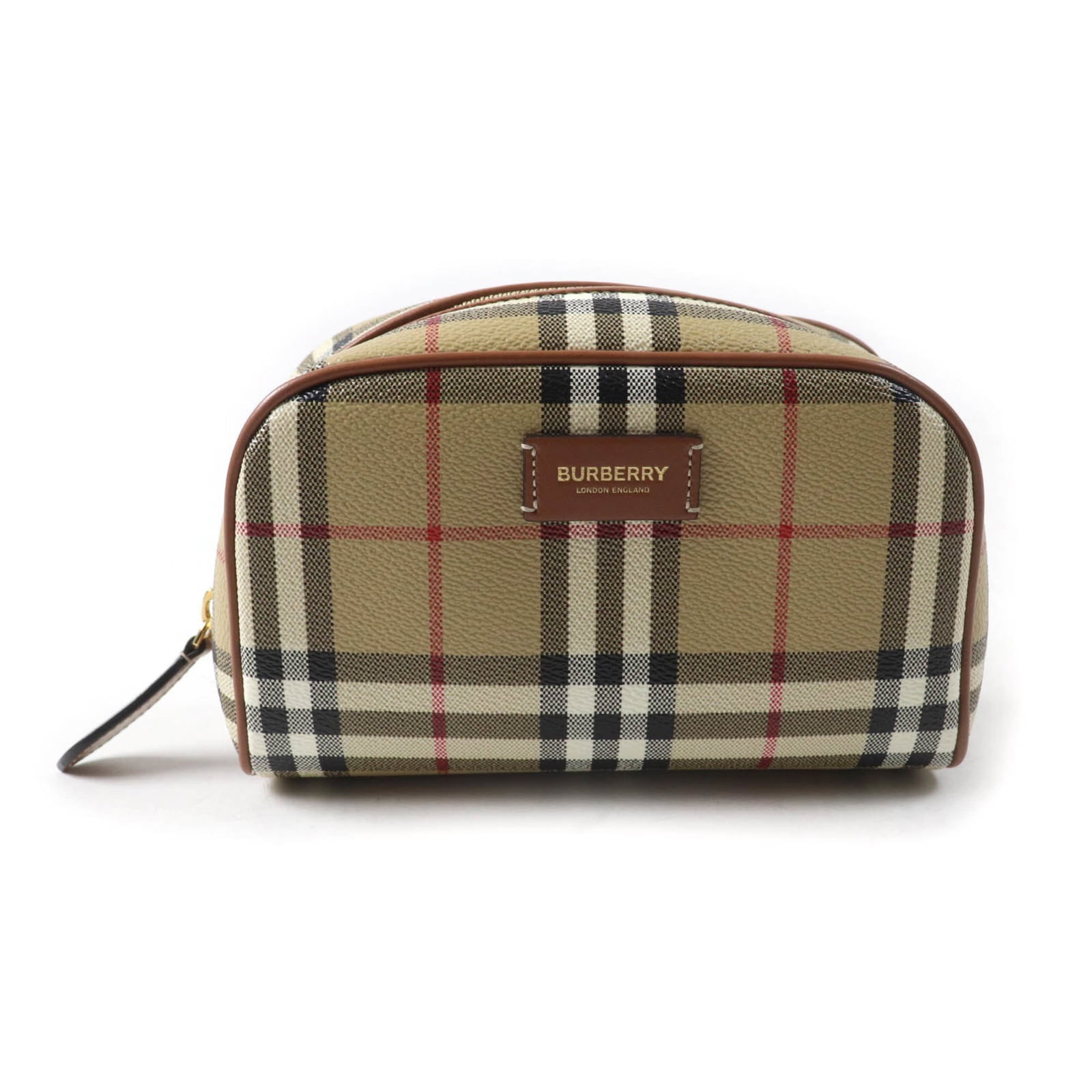 Pouch by Burberry: Pouch by Burberry Burberry's beige pouch features a compact size at 11cm x 18.5cm x 7cm, making it a practical accessory for everyday use. The item comes with a box and dust bag for added protection