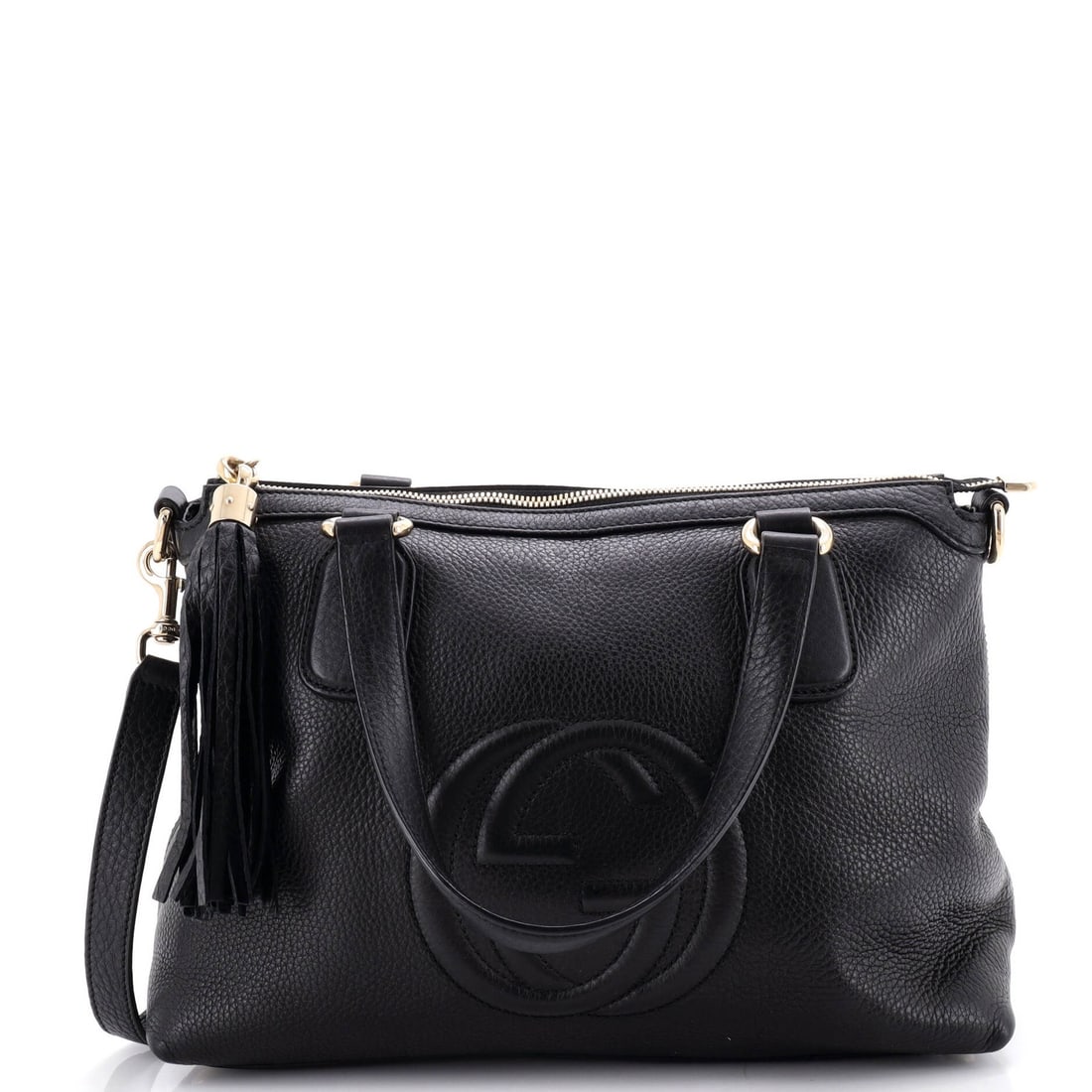 Small leather top bag convertible handle Gucci soho: Small leather top bag convertible handle Gucci soho Small leather top bag convertible handle Gucci soho in black exterior, featuring a neutral interior and gold tone hardware. This versatile bag