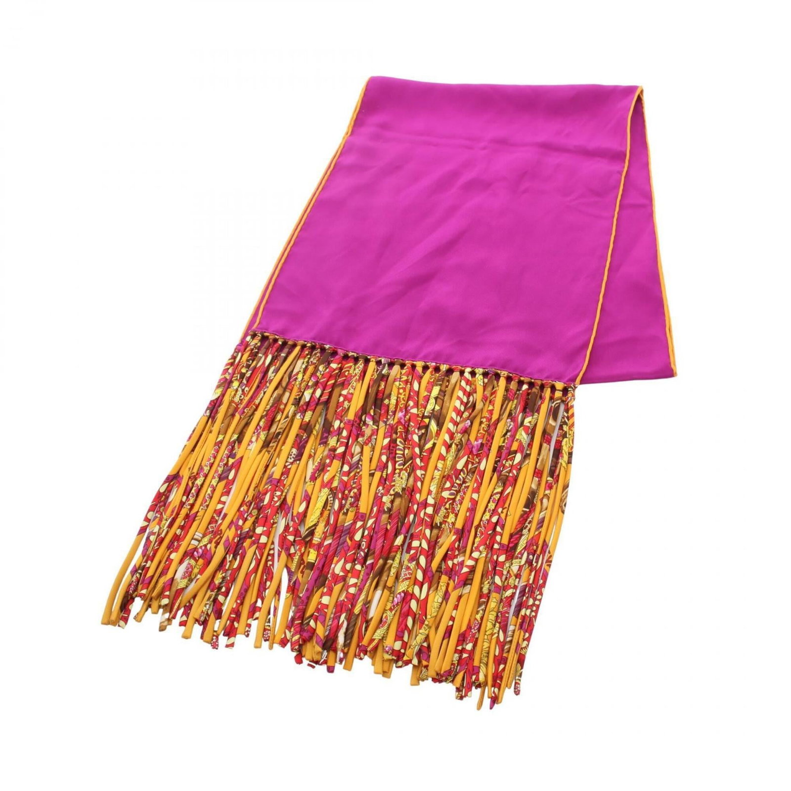 Hermes Stole Silk: Hermes Stole Silk Silk stole from the renowned French fashion house Hermes, measuring 1.15m x 29cm in size and boasting a striking purple and yellow color combination. The item's luxurious material an