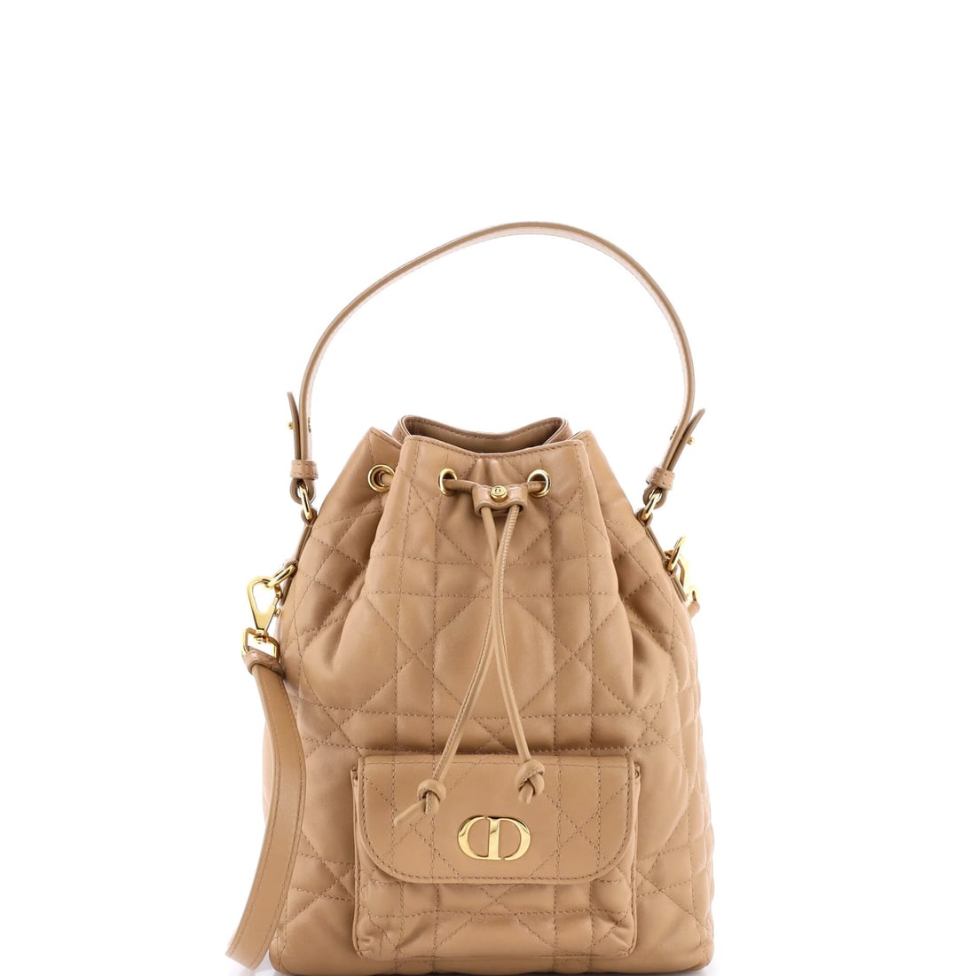 Christian Dior Caro Bucket Bag Quilted Leather Small: Christian Dior Caro Bucket Bag Quilted Leather Small This Christian Dior Caro Bucket Bag Quilted Leather Small features a neutral exterior with heavy corner wear, scuffs, and edge wear. The quilted