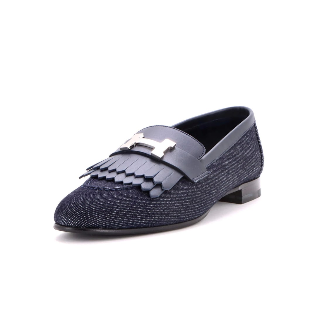 Hermes Women's Royal Loafers Denim with Leather: Hermes Women's Royal Loafers Denim with Leather Blue denim upper with leather details, the Hermes Women's Royal Loafers feature a classic design. Minor creases and scuffs throughout give these shoes