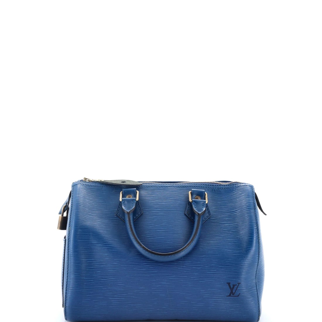 Louis Vuitton Speedy Handbag Epi Leather 25: Louis Vuitton Speedy Handbag Epi Leather 25 Blue Louis Vuitton Speedy Handbag Epi Leather 25 features a classic top handle design with heavy corner wear, edge wear, and scuffs. The exterior measures