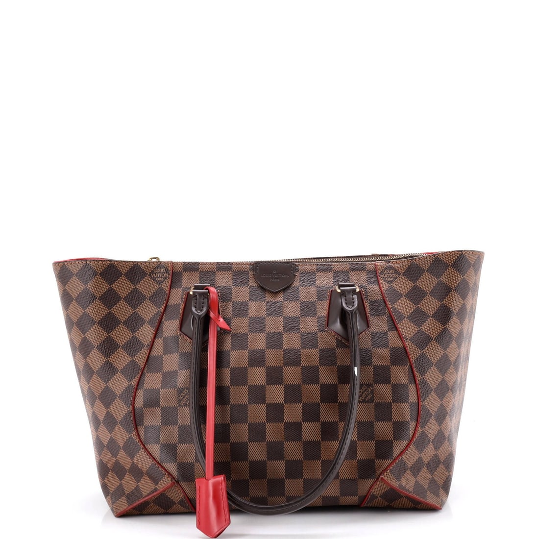 Damier Louis Vuitton Caissa Tote: Damier Louis Vuitton Caissa Tote The Damier Louis Vuitton Caissa Tote boasts a classic design with a timeless brown canvas exterior, adorned with the iconic Damier PM pattern. Measuring 11.5" wide and