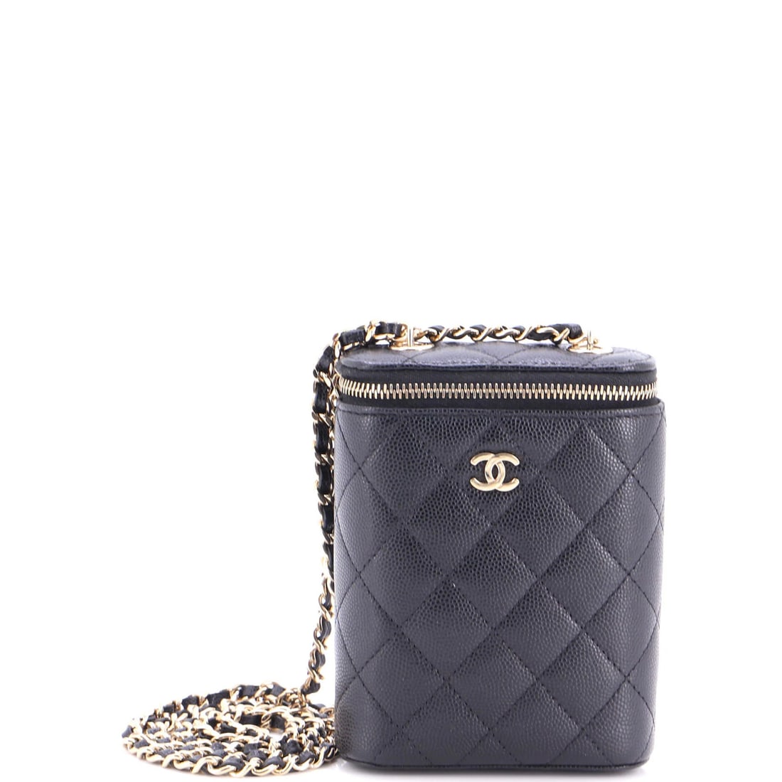 Classic Chanel Quilted Vanity Case with Chain Small Caviar Vertical: Classic Chanel Quilted Vanity Case with Chain Small Caviar Vertical Classic Chanel Quilted Vanity Case with Chain Small Caviar Vertical features a timeless design, black leather exterior, and gold ton