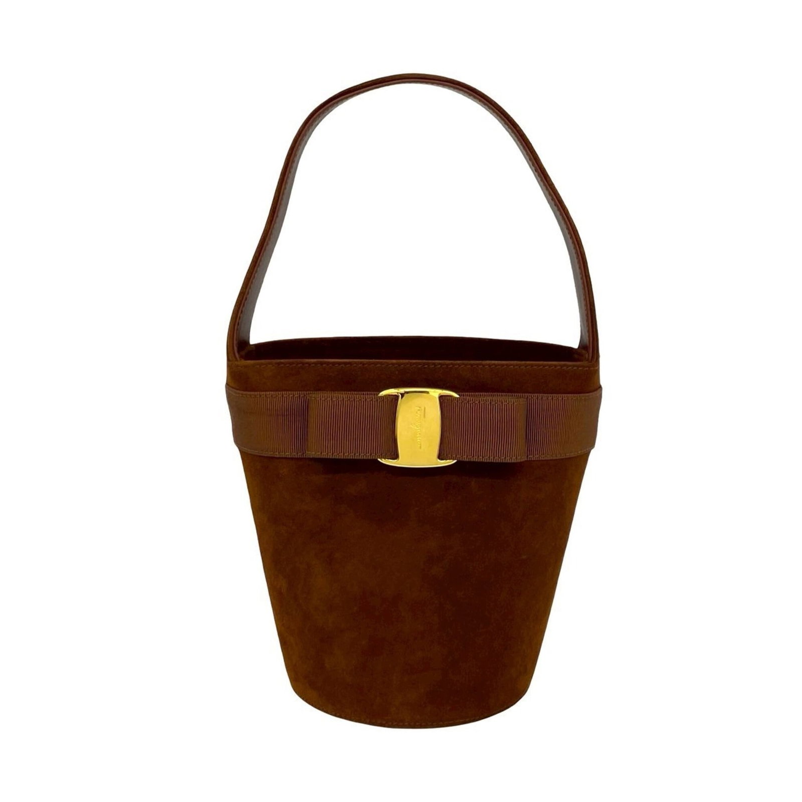 Ferragamo Handbag Salvatore Suede: Ferragamo Handbag Salvatore Suede Suede handbag from Salvatore Ferragamo, featuring brown color and compact size. Made from high-quality suede material, this bag measures 18cm x 12.5cm x 12.5cm. A