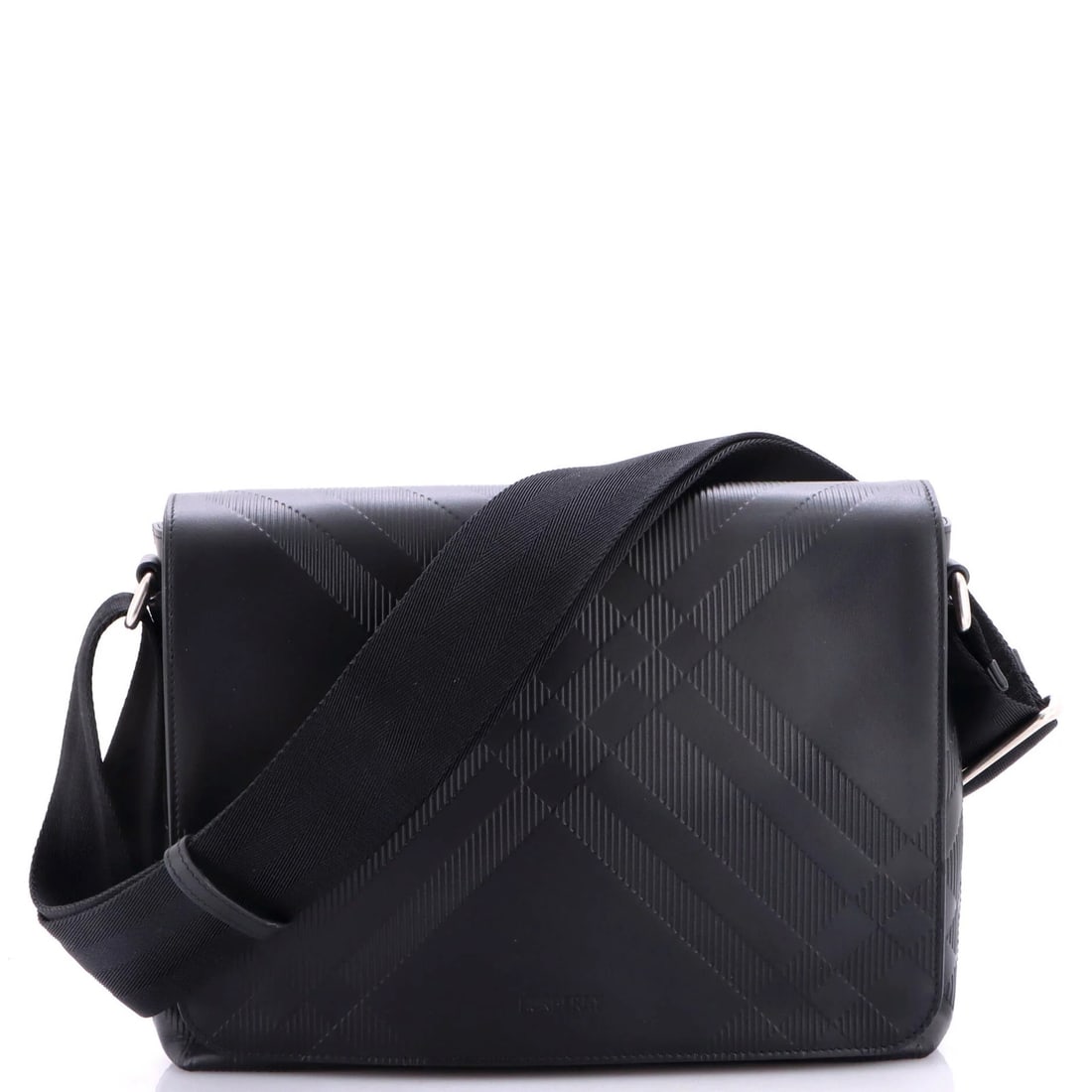 Burberry Full Flap Messenger Bag Check Embossed Leather Medium: Burberry Full Flap Messenger Bag Check Embossed Leather Medium Burberry's iconic Full Flap Messenger Bag boasts sleek black leather exterior with subtle check embossing, adding a touch of
