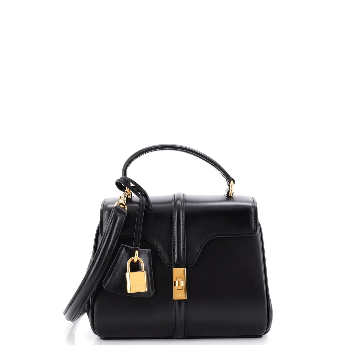 Calfskin Smooth Mini Top 16 Handle Bag: Calfskin Smooth Mini Top 16 Handle Bag The Calfskin Smooth Mini Top 16 Handle Bag features a sleek black exterior made from high-quality leather, with a smooth finish and gold-toned hardware. This com