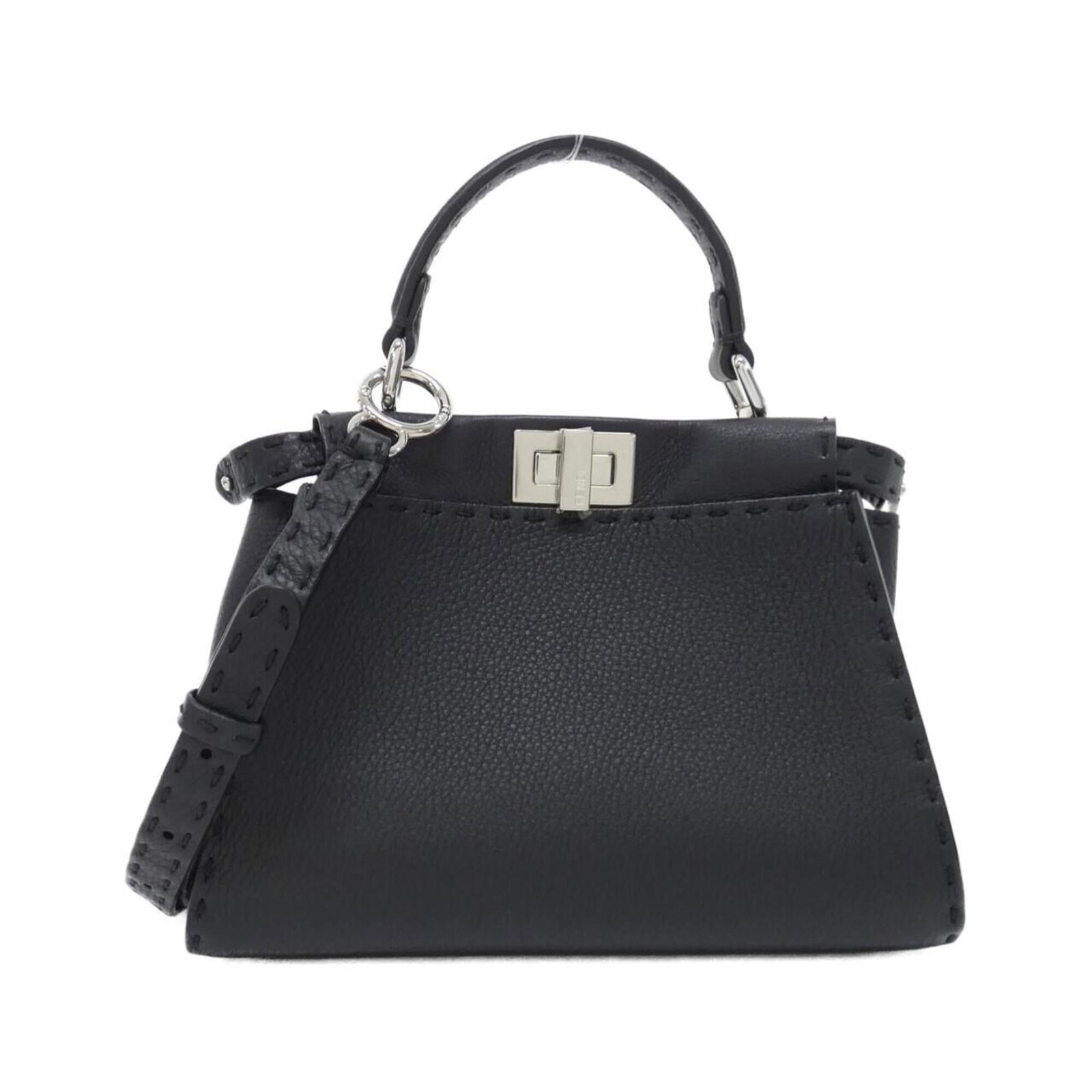 Fendi Handbag Leather: Fendi Handbag Leather Black Fendi Selleria handbag features high-quality calfskin leather, silver hardware, and adjustable straps for a versatile design. Measuring 17cm x 22cm x 8cm, the bag weighs ap