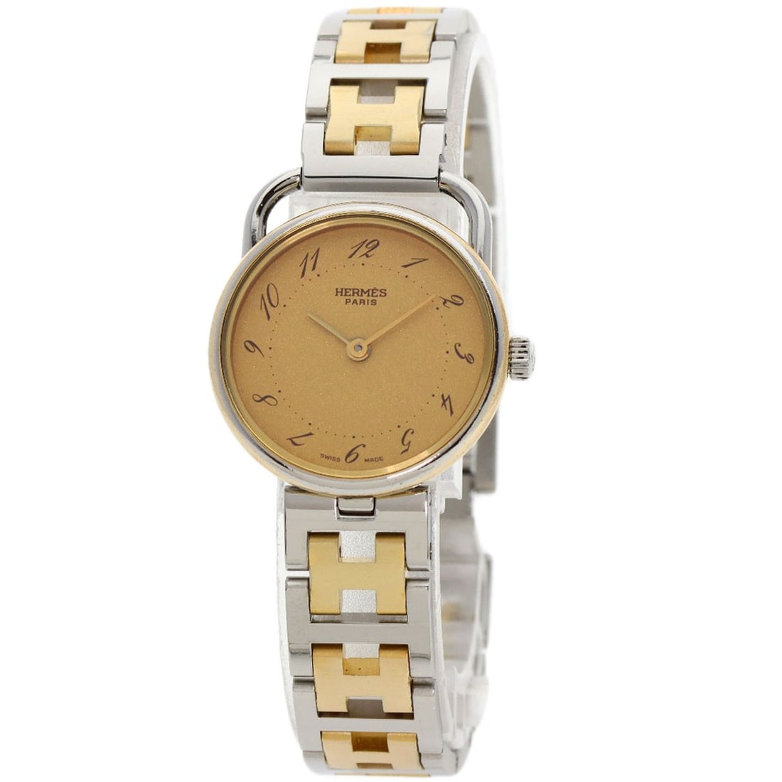 Ssxgp Stainless Steel Watches Arceau: Ssxgp Stainless Steel Watches Arceau Stainless Steel Arceau Watch from HERMES with a silver case, gold dial, and silver bezel. This quartz-powered timepiece features an analog display and measures 25m