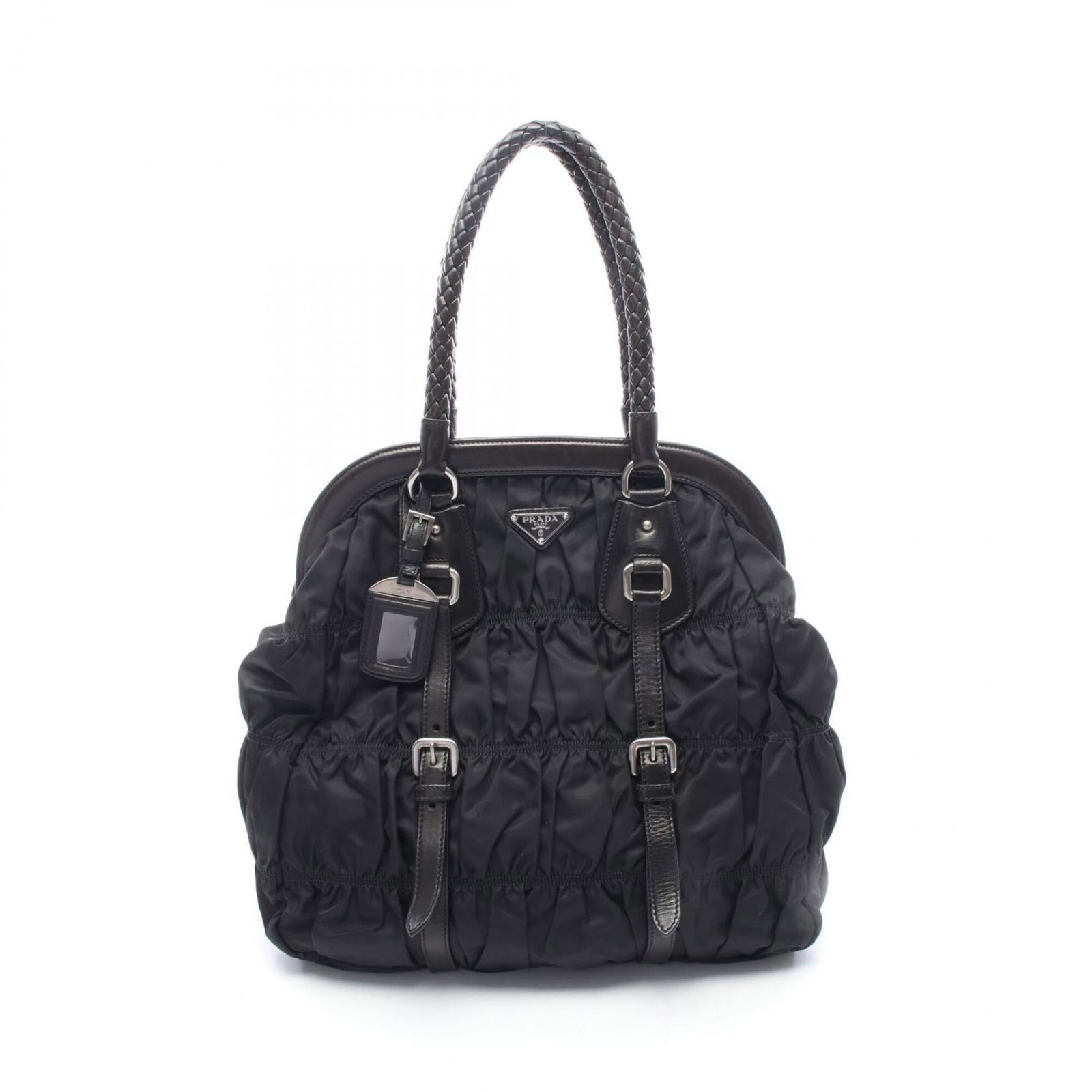 Nylon Leather Prada Handbag Tote: Nylon Leather Prada Handbag Tote Nylon and leather combine in this sleek Prada handbag tote, measuring 37cm x 35cm x 15cm. The black color provides a versatile backdrop for everyday use. Made from
