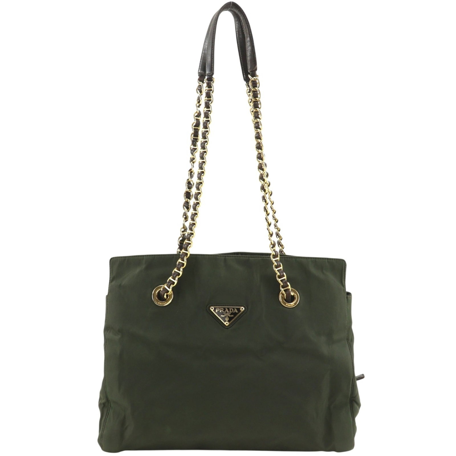 Bag Nylon Tote Prada: Bag Nylon Tote Prada Nylon Prada tote bag in khaki color, measuring 25cm x 32cm x 12cm. Made from durable nylon material, this tote features a classic design with clean lines and minimal