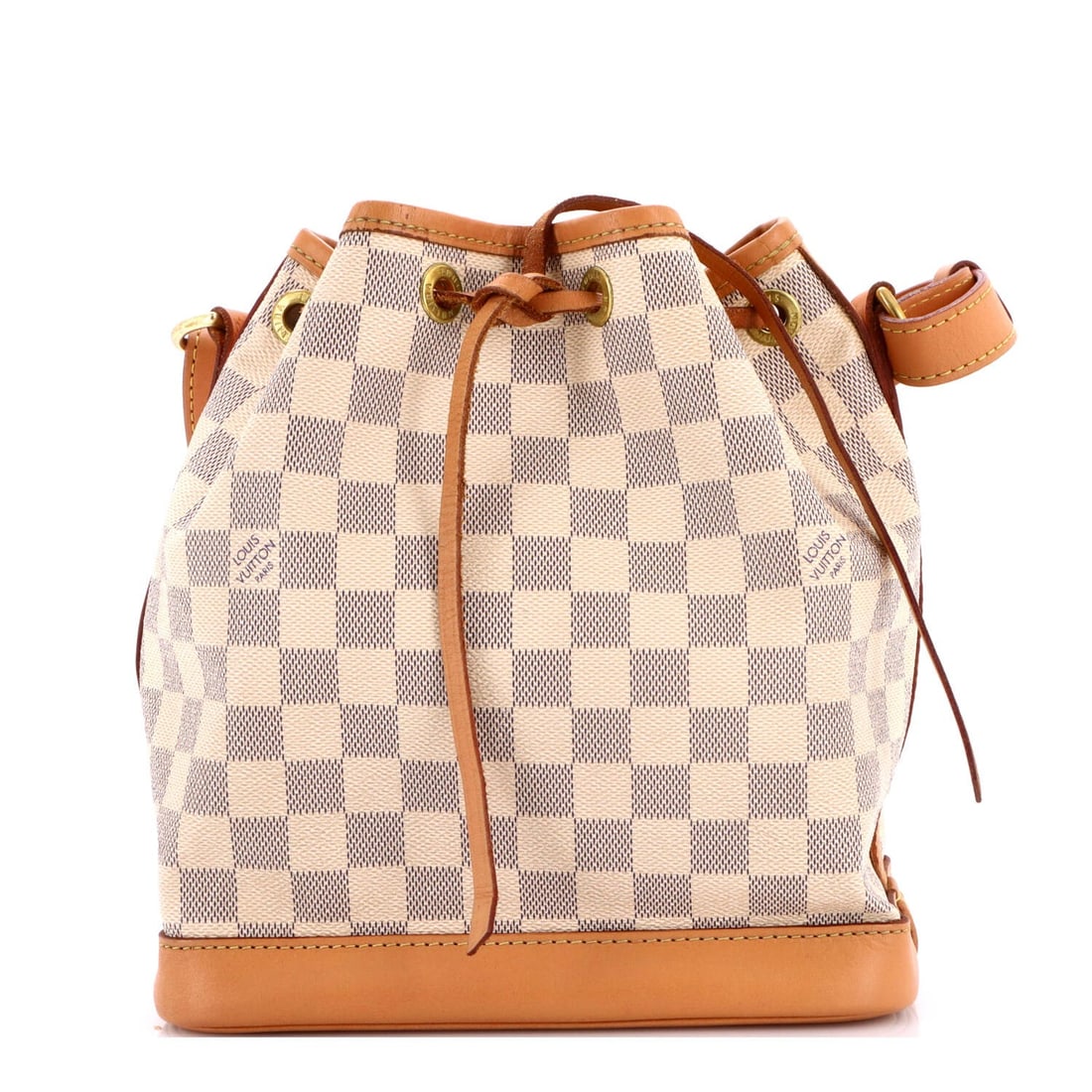 Louis Vuitton Noe Damier Handbag: Louis Vuitton Noe Damier Handbag White Louis Vuitton Noe Damier BB Bucket Handbag with Repainted Leather Trims. This classic handbag features canvas coated exterior, neutral interior, and gold