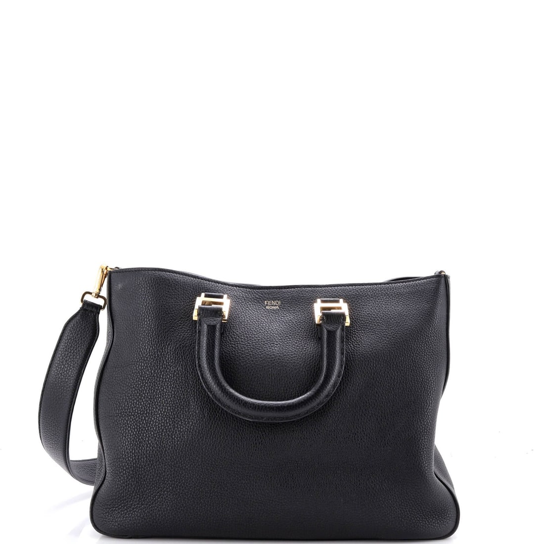 Fendi Selleria medium leather tote handle: Fendi Selleria medium leather tote handle Black Fendi Selleria medium leather tote handle with gold hardware, featuring a classic top handle design and microfiber interior. The exterior leather has