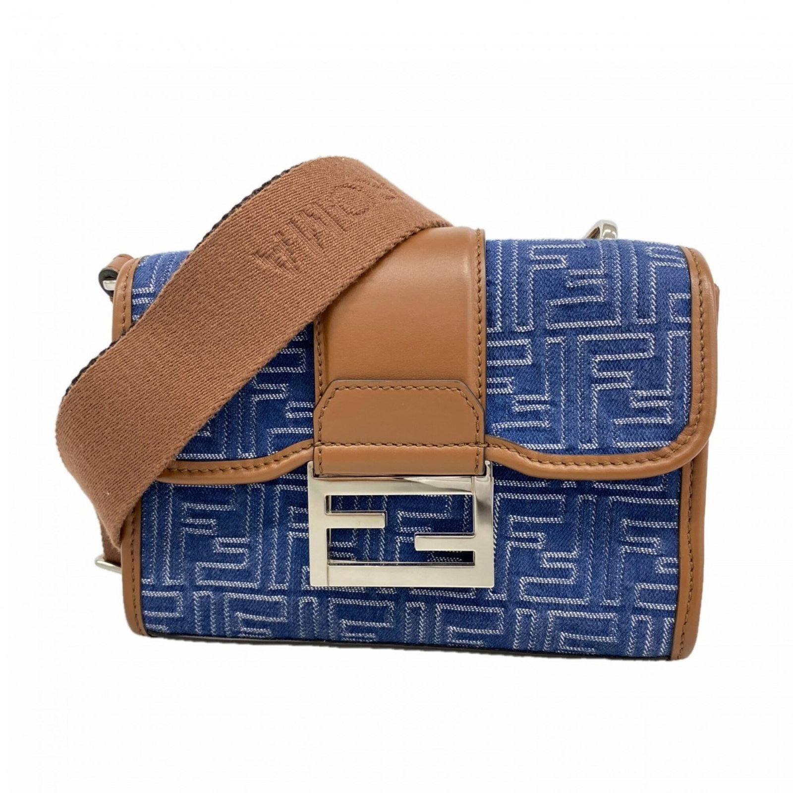 Shoulder bag leather denim by Fendi: Shoulder bag leather denim by Fendi This Fendi shoulder bag combines luxurious leather and denim for a unique look. Made with blue, brown, and silver accents, the bag's distinctive design makes it