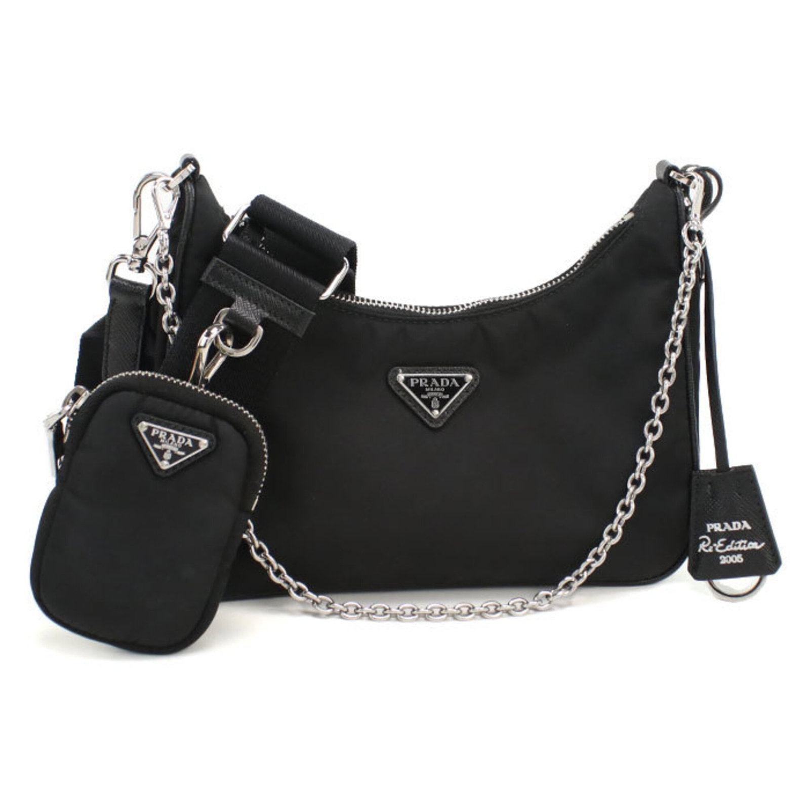 Shoulder Bag Nylon Prada: Shoulder Bag Nylon Prada Nylon shoulder bag from Prada, made in Italy with a sleek black design and silver hardware. The bag measures 12cm x 21.5cm x 5.5cm and features a durable nylon material. This
