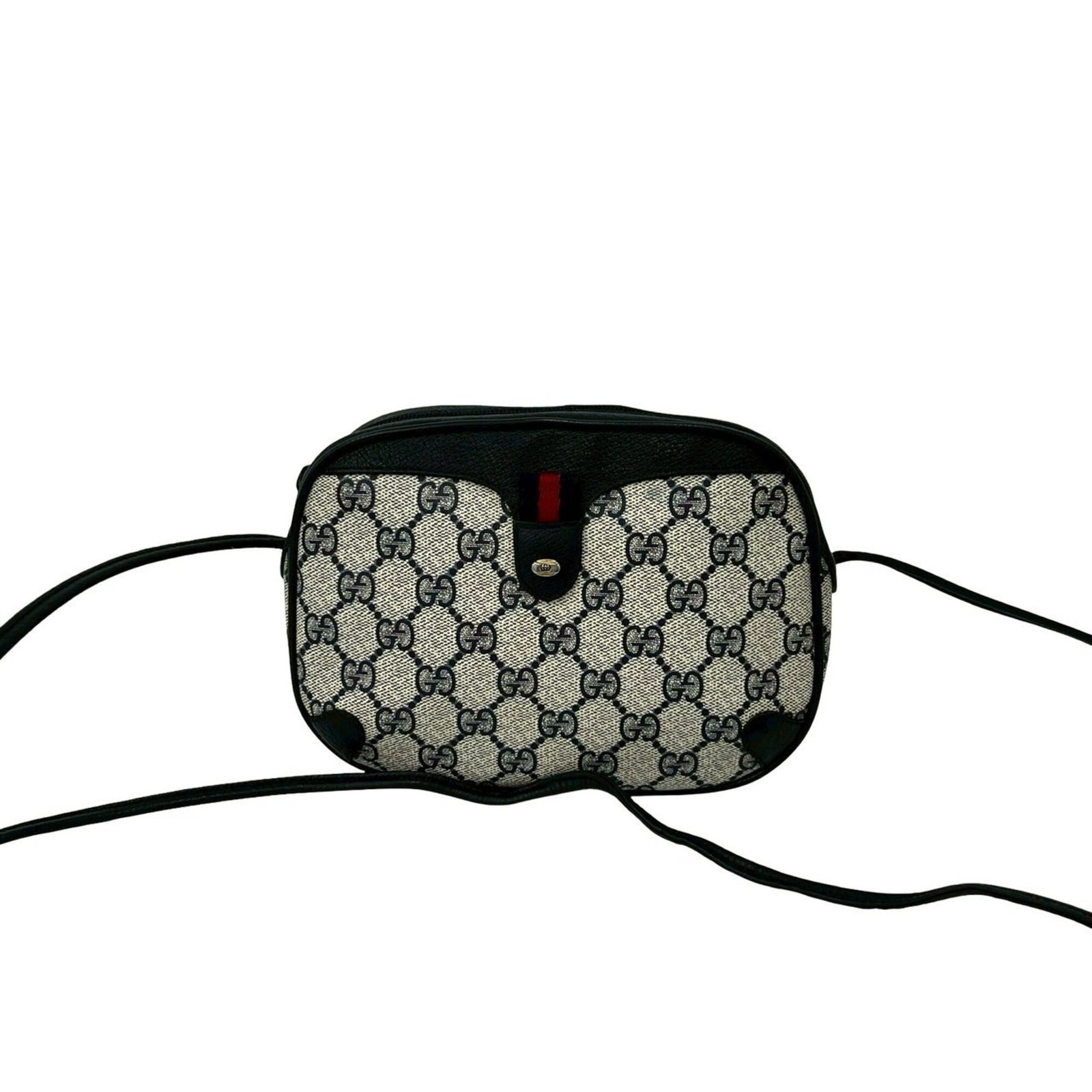 PVC leather bag shoulder pochette Gucci: PVC leather bag shoulder pochette Gucci This navy and red PVC leather Gucci pochette features a sleek shoulder design with a compact size, making it perfect for everyday carry. The bag's durable