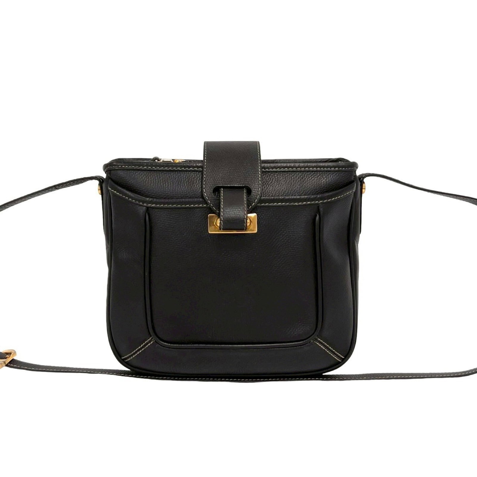 Shoulder Bag Leather Pochette By: Shoulder Bag Leather Pochette By Black leather shoulder bag with pochette design, measuring 19cm x 21.5cm x 5cm. The bag features a sleek and classic style, making it a versatile accessory for