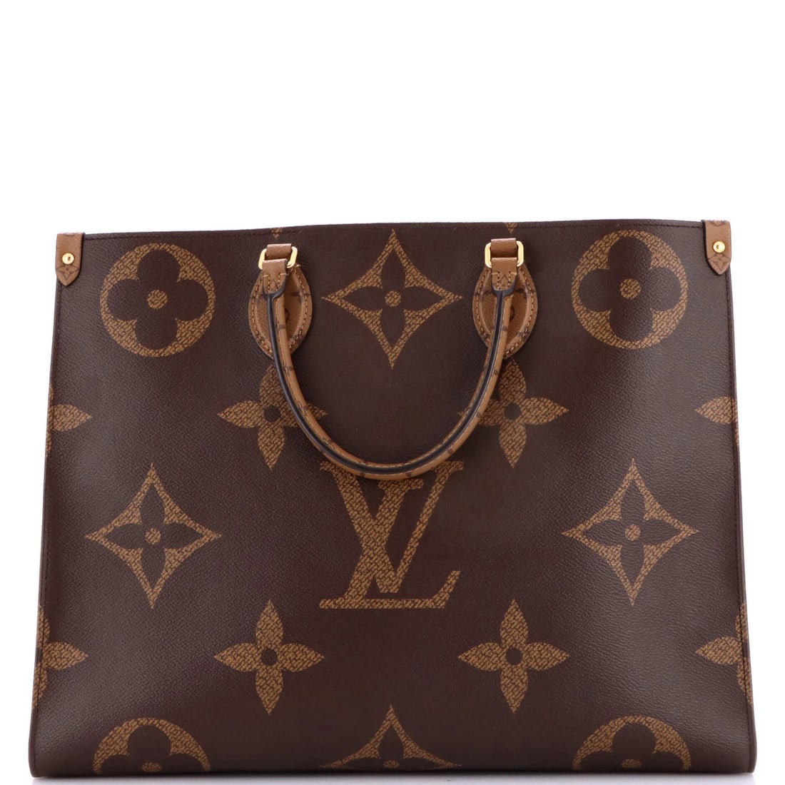 Louis Vuitton OnTheGo Tote Reverse Monogram Giant GM: Louis Vuitton OnTheGo Tote Reverse Monogram Giant GM Brown Louis Vuitton OnTheGo Tote Reverse Monogram Giant GM in Good Condition. This canvas-coated tote features the iconic giant monogram pattern,