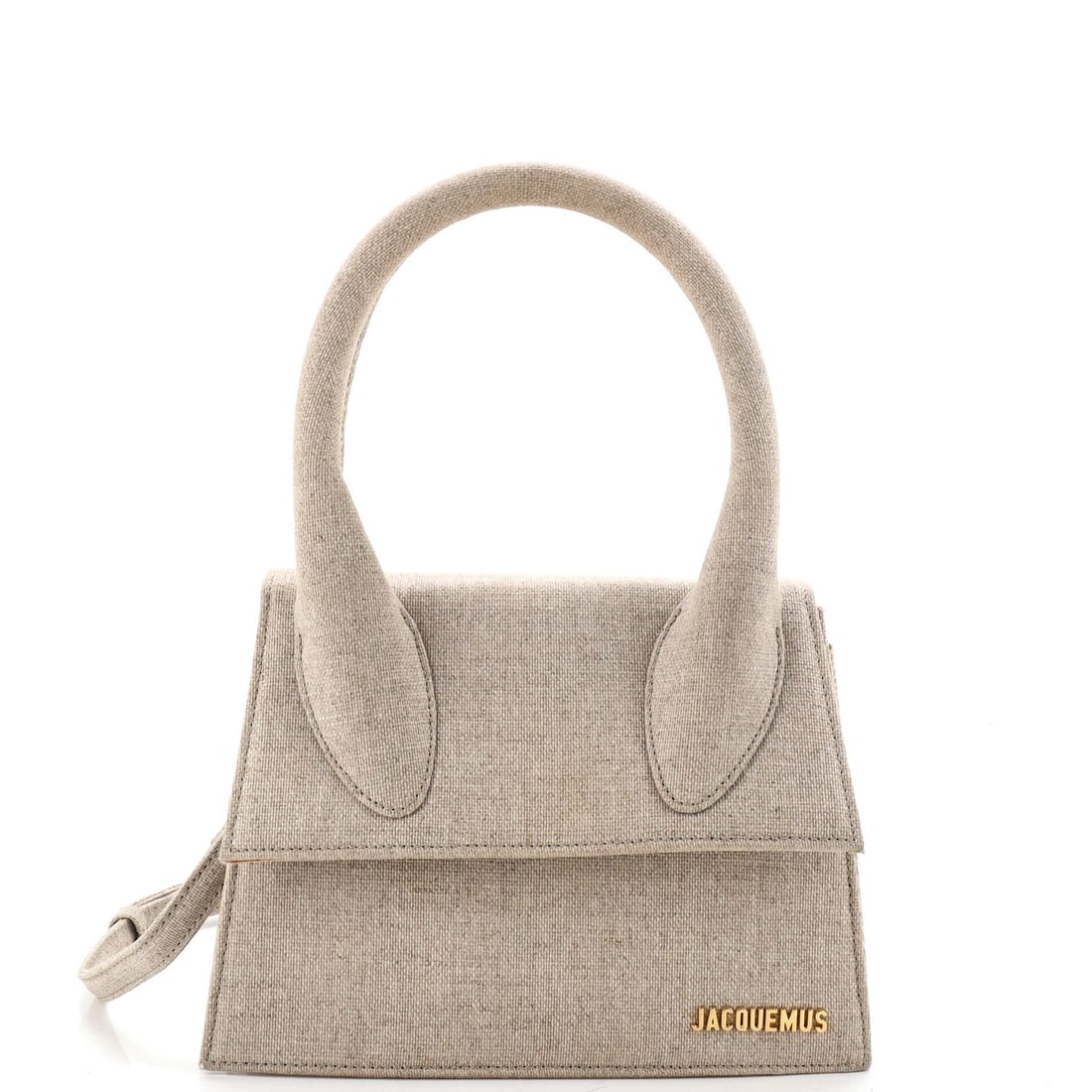 Jacquemus Le Grand Chiquito Bag Canvas: Jacquemus Le Grand Chiquito Bag Canvas Canvas Jacquemus Le Grand Chiquito Bag with Neutral Exterior and Gold Hardware, featuring a top handle design. The bag measures approximately 7" in height, 10"