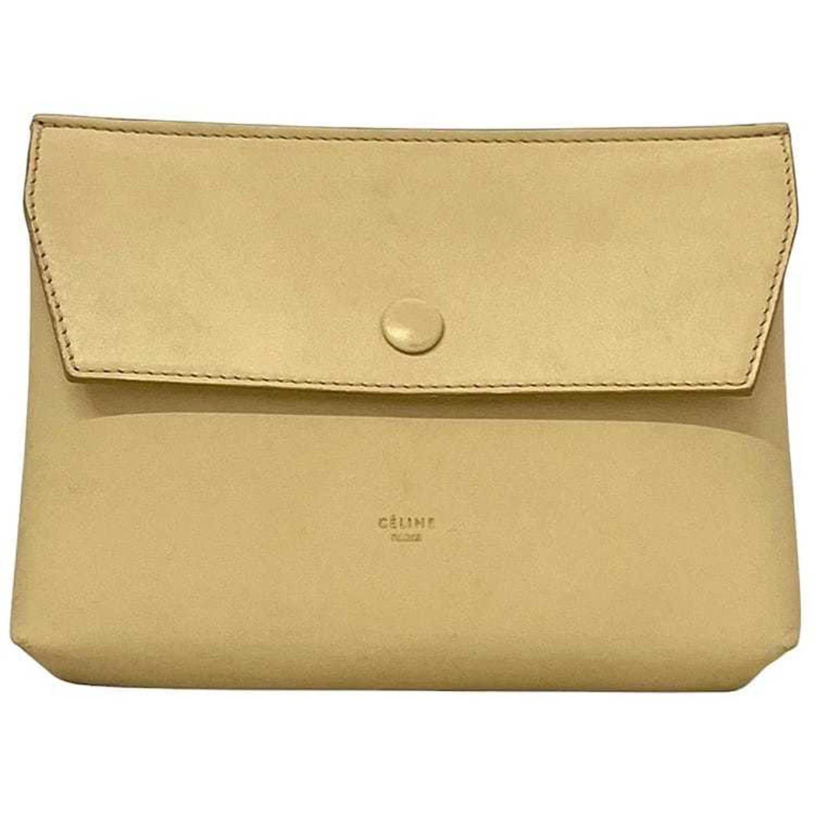 Pouch Leather by Celine: Pouch Leather by Celine The Celine Pouch Leather is a stylish and compact accessory, measuring 14.5cm x 19cm x 4.5cm. Made from high-quality leather in a natural beige color, it features a sleek