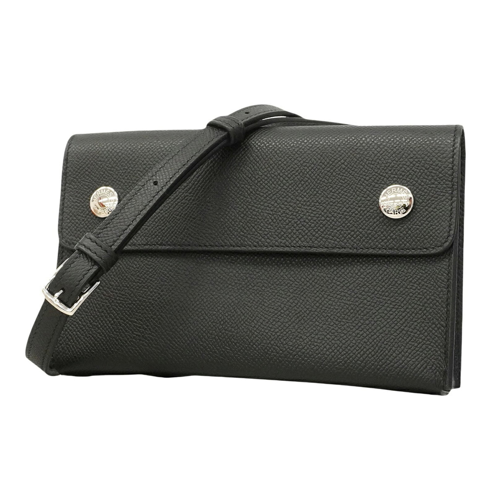 Shoulder bag leather by Hermes: Shoulder bag leather by Hermes Black Epsom leather shoulder bag from Hermes, featuring silver hardware and a sleek design. This compact bag measures 12cm x 18.5cm x 4cm and has a sophisticated black c