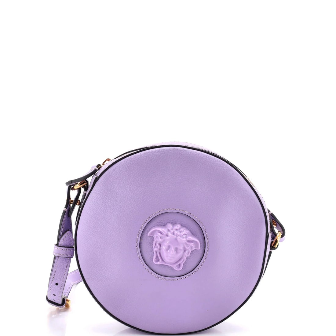 Versace La Medusa Round Camera Bag Leather Small: Versace La Medusa Round Camera Bag Leather Small The Versace La Medusa Round Camera Bag Leather Small boasts a striking purple exterior, adorned with gold hardware and minor scratches. This small cros