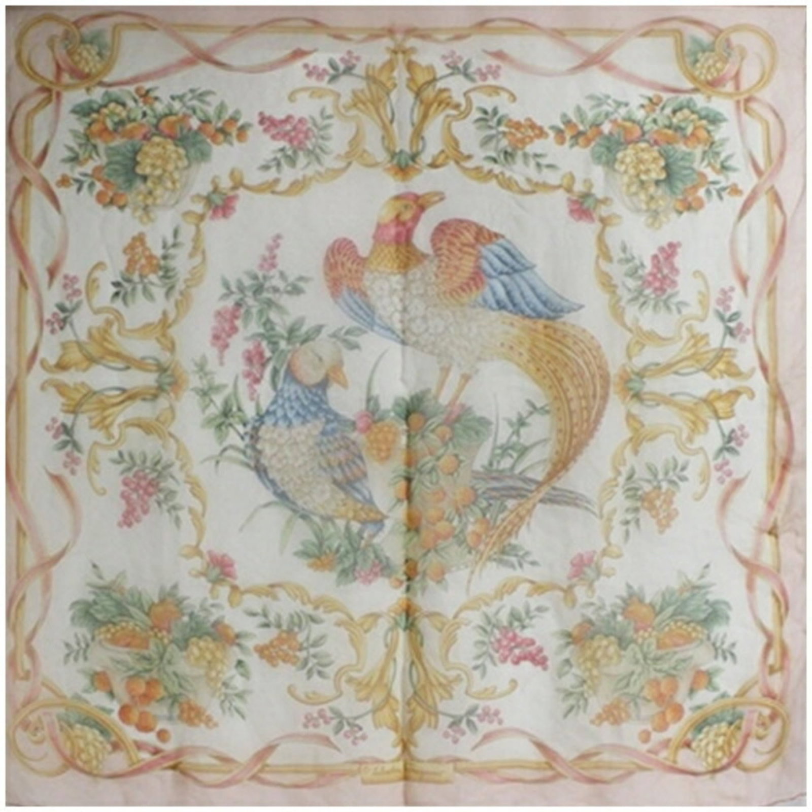 Silk scarf by Salvatore Ferragamo: Silk scarf by Salvatore Ferragamo Item Specifics: Brand: Salvatore Ferragamo Type: Scarf Gender: Women Color: Pink, White Material: Silk Size (LxW): 84cm x 84cm / 33.07'' x 33.07'' Product