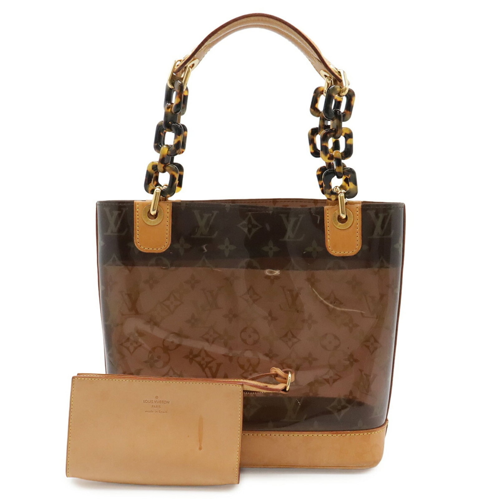 Vuitton Pouch Monogram Louis Tote Bag: Vuitton Pouch Monogram Louis Tote Bag The Louis Vuitton Pouch Monogram Louis Tote Bag features the iconic monogram pattern in brown, clear, and vinyl. Measuring 23.5cm x 23.5cm x 10.5cm, it is a compa