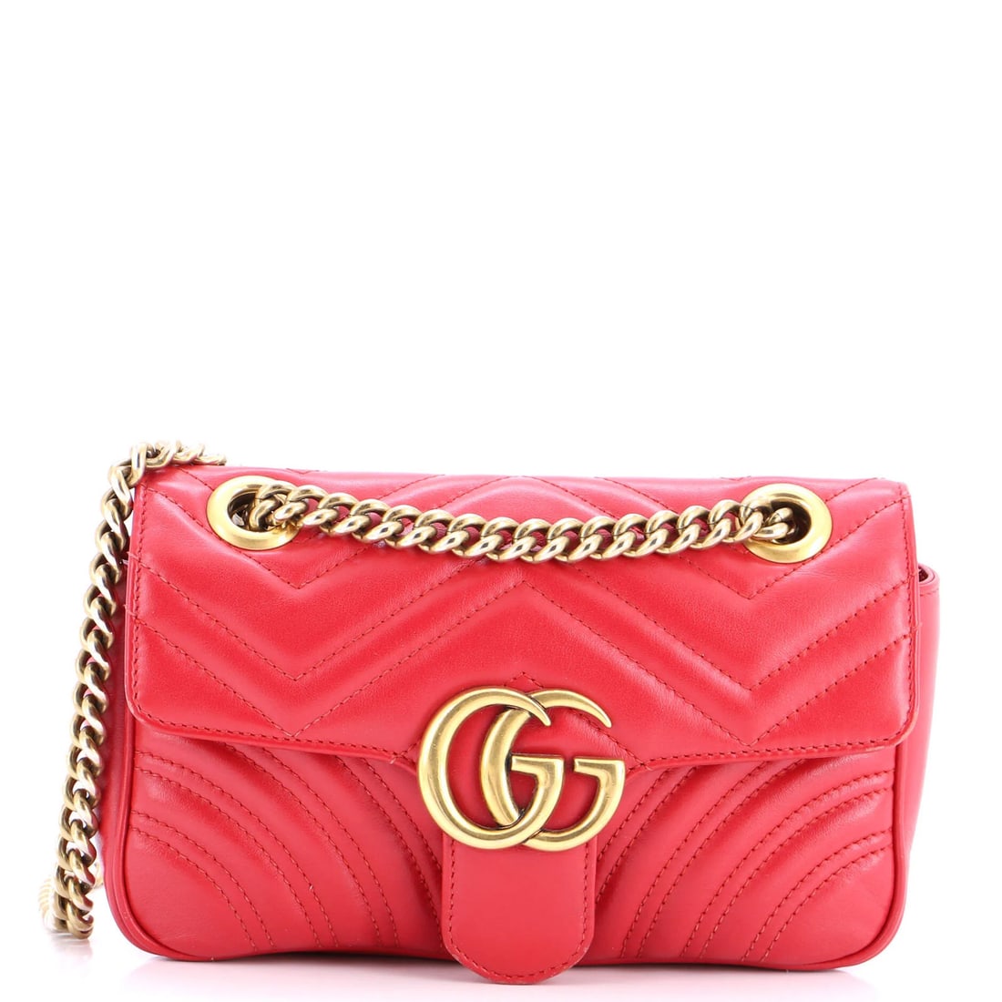 Gucci GG Marmont Flap Bag Matelasse Leather Mini: Gucci GG Marmont Flap Bag Matelasse Leather Mini Gucci GG Marmont Flap Bag Matelasse Leather Mini - A stylish mini cross body bag with a bold red exterior and neutral interior, featuring aged gold har