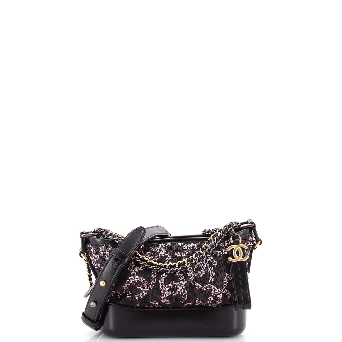 Chanel Gabrielle Hobo Logo Motif Sequins Small: Chanel Gabrielle Hobo Logo Motif Sequins Small Small Chanel Gabrielle Hobo Logo Motif Sequins Bag in Black. This sequined hobo bag features a striking logo motif and measures 6" tall, 8" wide, and 3.5